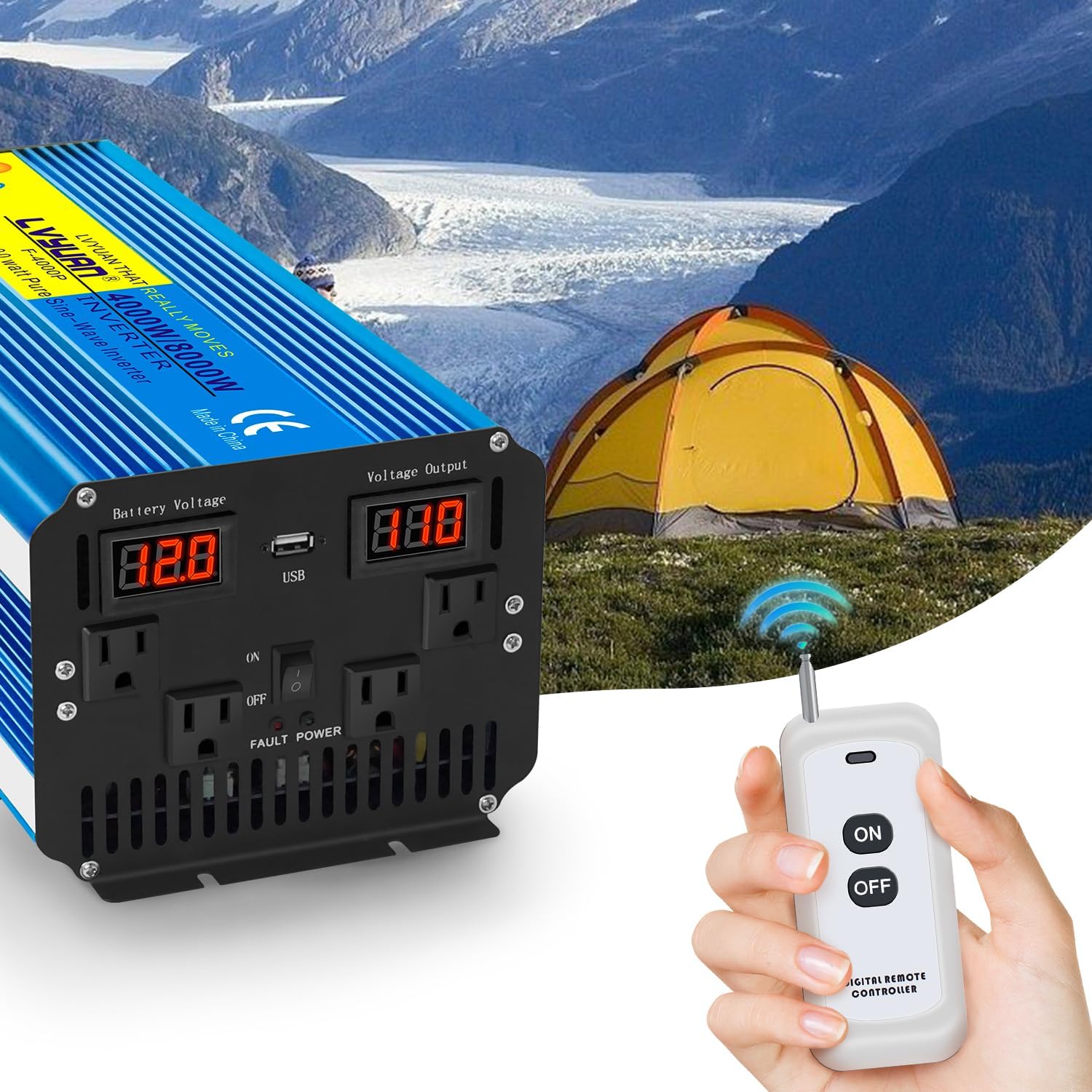 Yinleader Inversor de corriente de onda sinusoidal pura de 4000 W, 12 V CC a CA 110 V-120 V, convertidor para vehículo familiar, RV, camión, sistema
