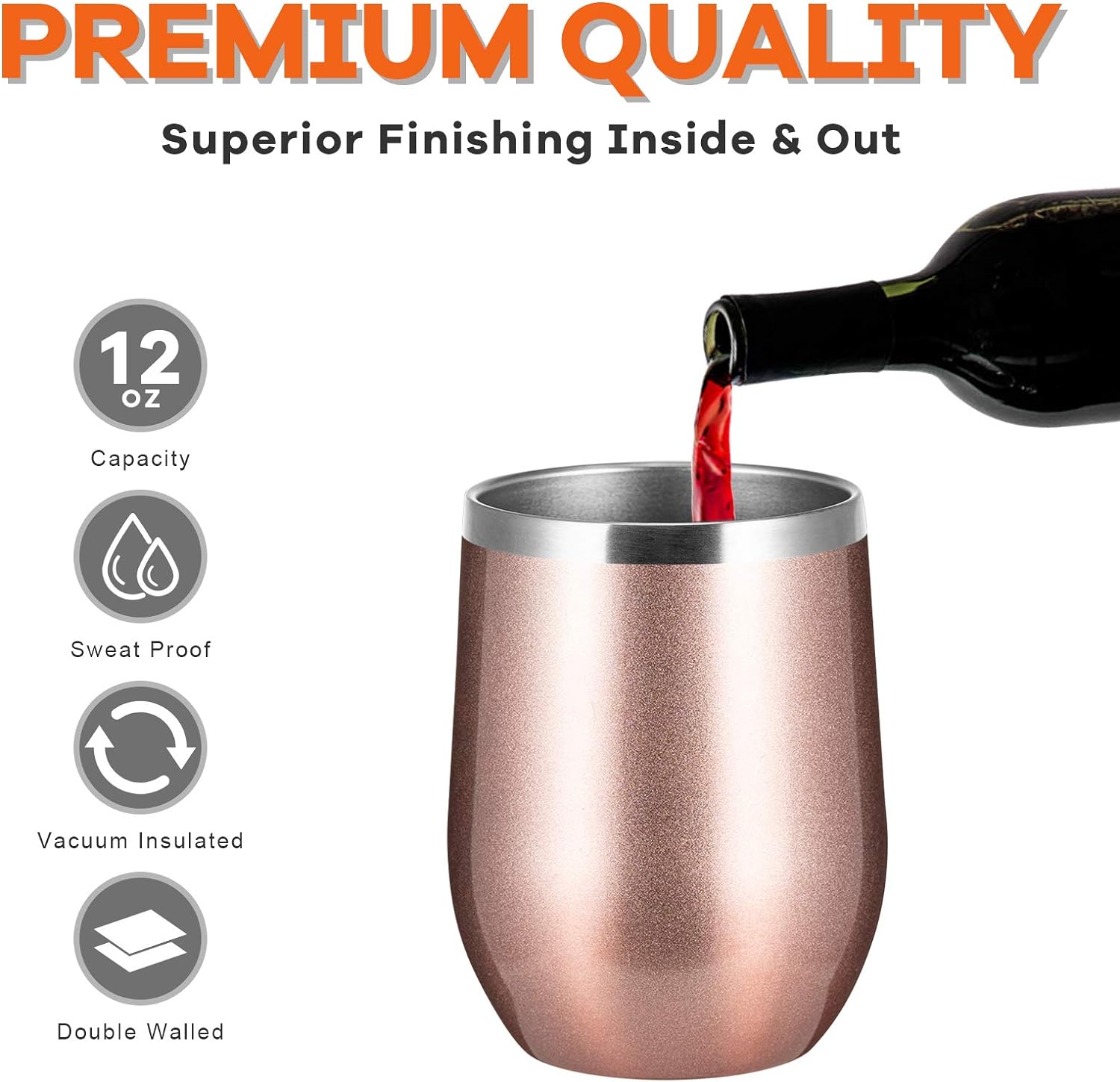 COMOOO Vaso de vino de acero inoxidable con tapa y pajita, vaso de viaje de doble pared aislado al vacío de 12 onzas para café, vino, cócteles,
