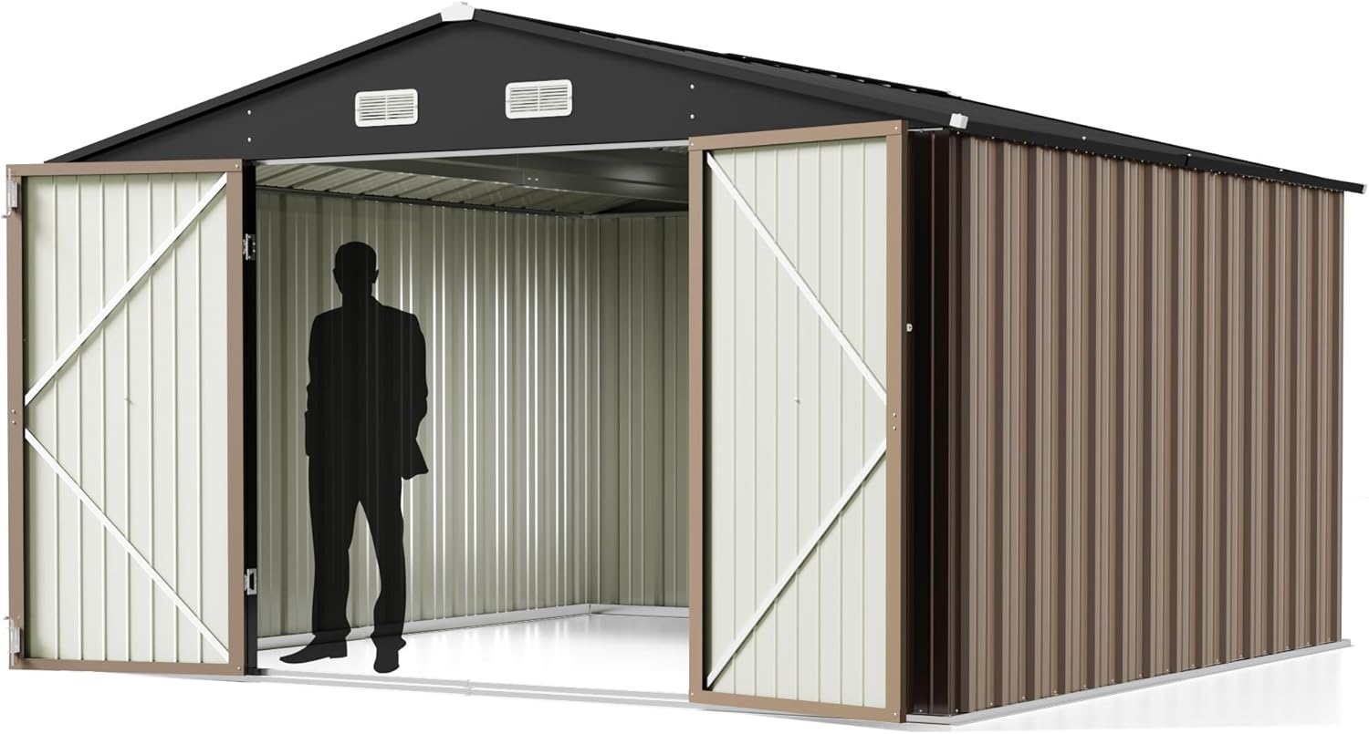 Greesum Cobertizo de almacenamiento para exteriores, 10 x 10 pies, cobertizo de herramientas de acero con puerta y cerradura, cobertizos de metal