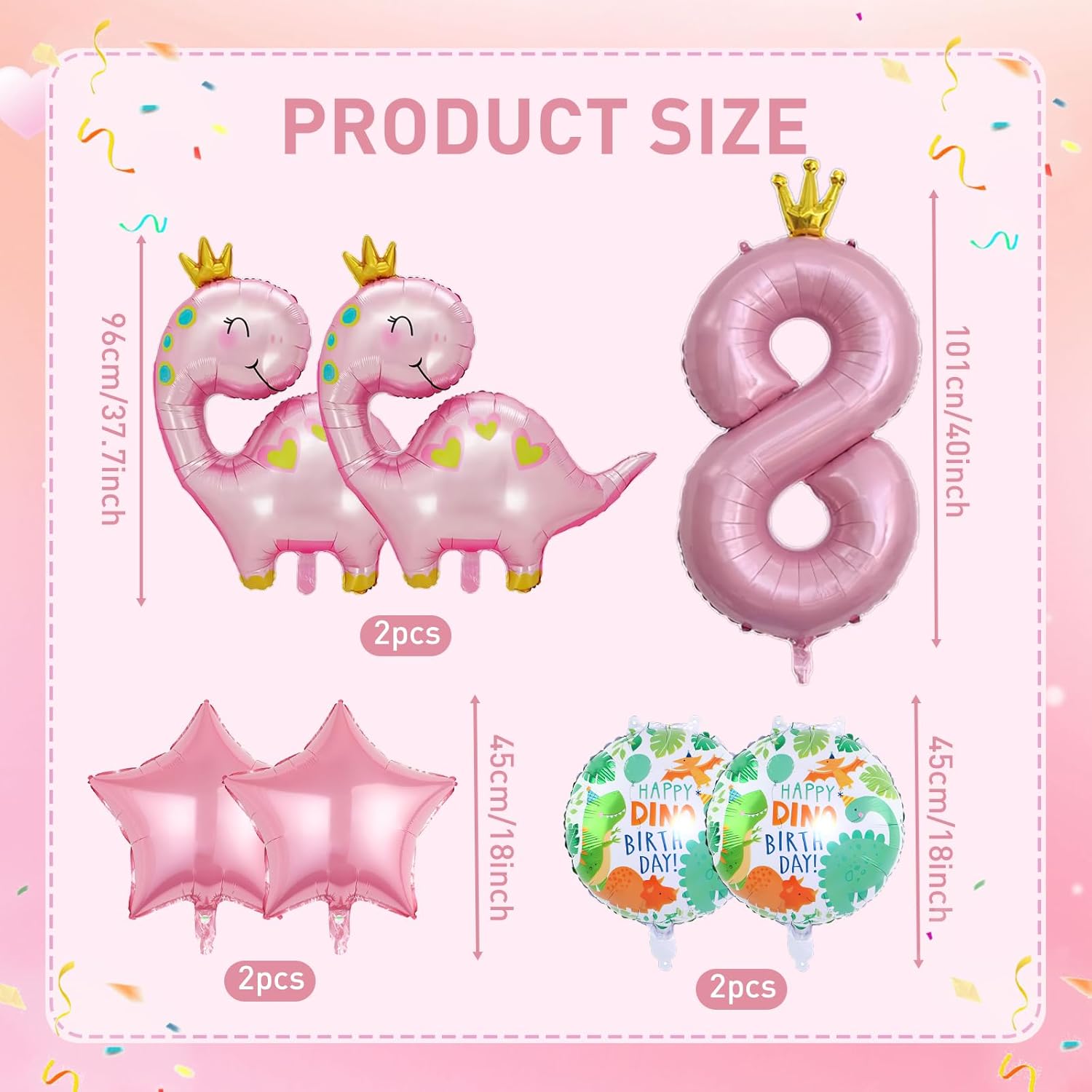 7 globos de dinosaurio con corona rosa, globos de aluminio de Mylar con número de cumpleaños de dinosaurio rosa, suministros de fiesta de 8