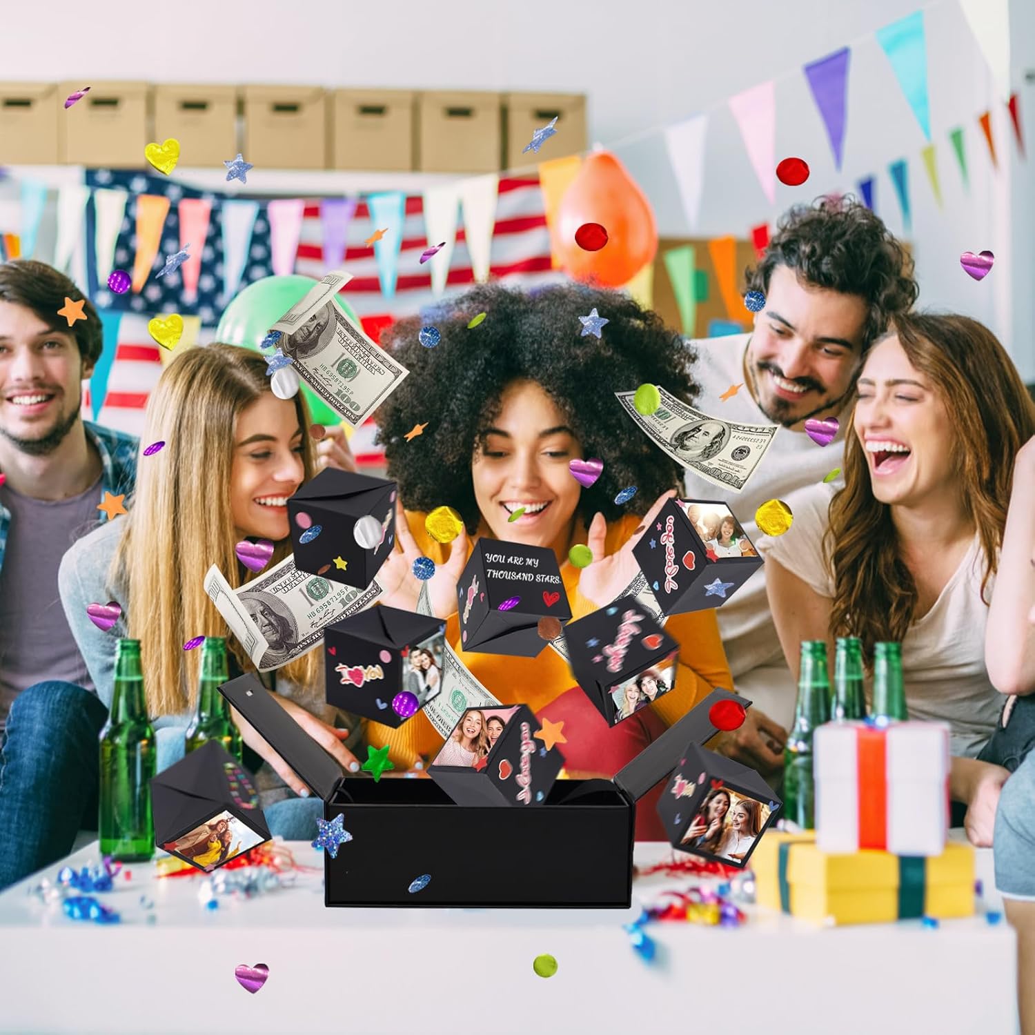 Caja de regalo sorpresa explosión por dinero, caja plegable única de rebote con calcomanías, caja de regalo de lujo para cumpleaños, aniversario,