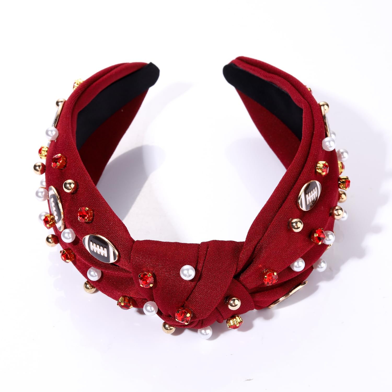 Diadema de fútbol con perlas y diamantes de imitación, diadema anudada divertida para deportes de fútbol, banda ancha con nudo superior para el día
