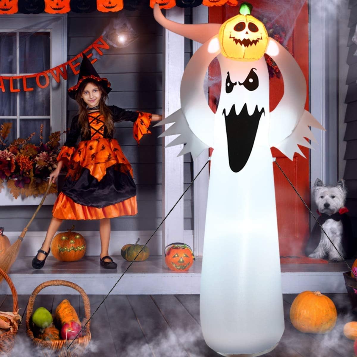 Tangkula Fantasma inflable de Halloween de 6 pies con calabaza, fantasma inflable con soplador y luces LED, decoraciones de Halloween fantasma