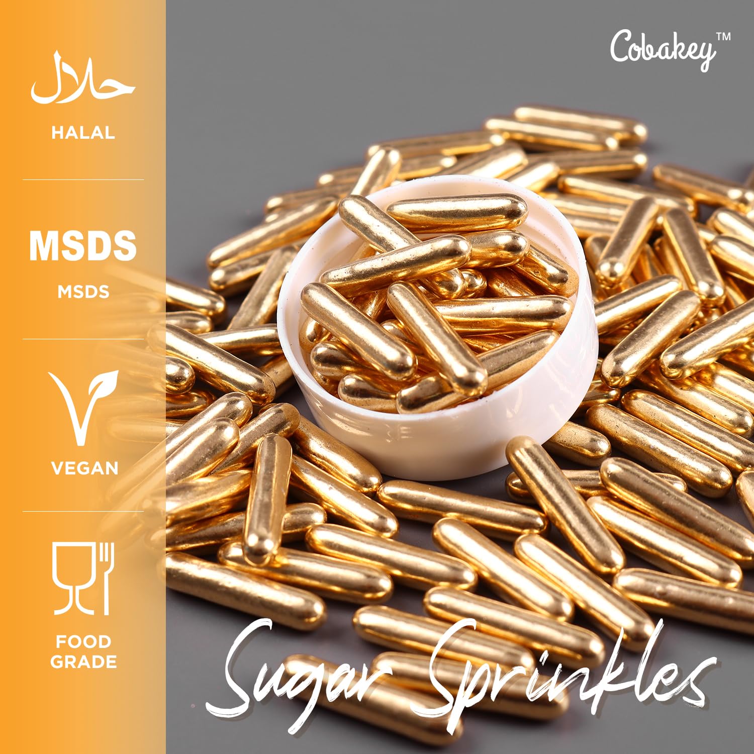 Cobakey Gránulos dorados brillantes para decoración de pasteles, varillas de 3.52 onzas, perlas metálicas de azúcar para cupcakes, bodas, fiestas,