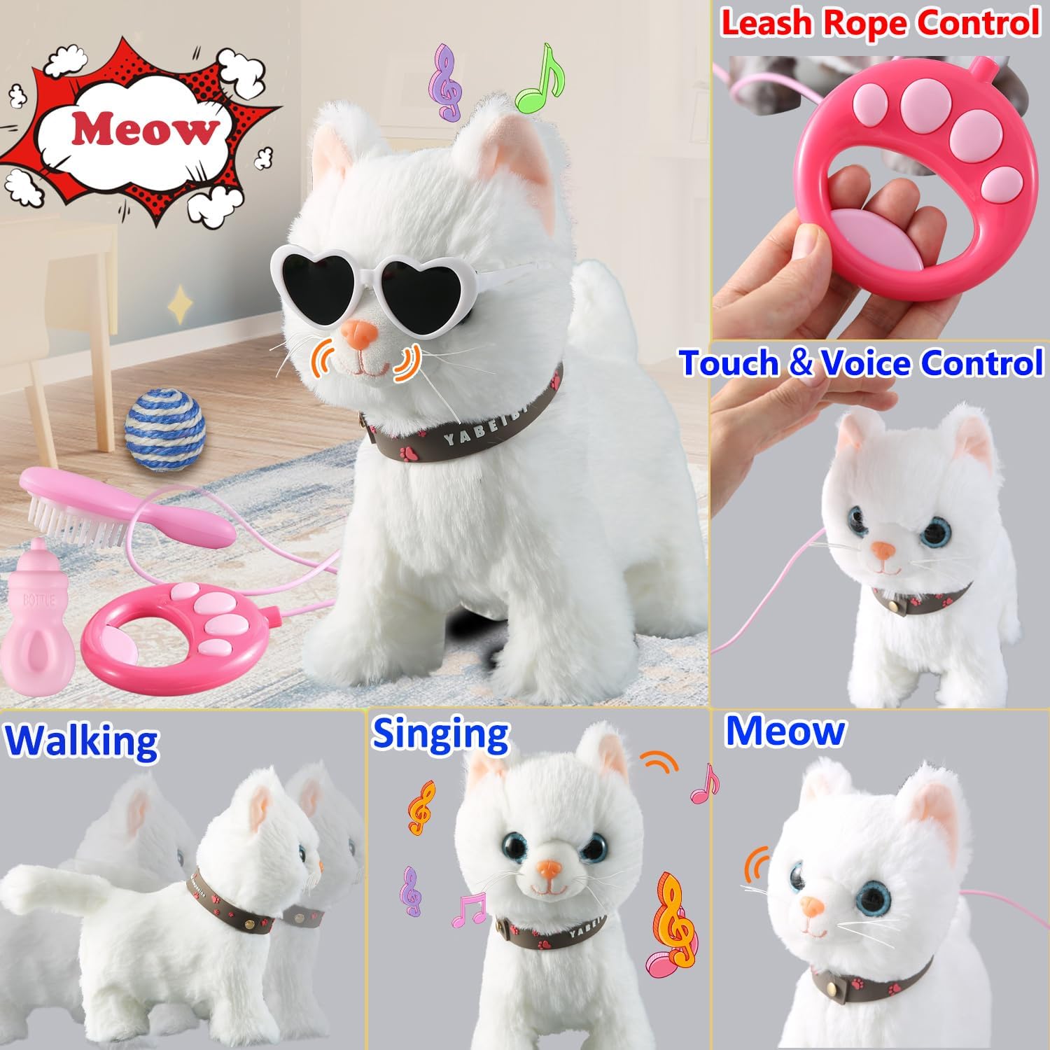 Juego de gato que camina con correa blanca cantando que ronronea y maulla, robot de peluche animado, gatito, mascota en movimiento, realista, animal