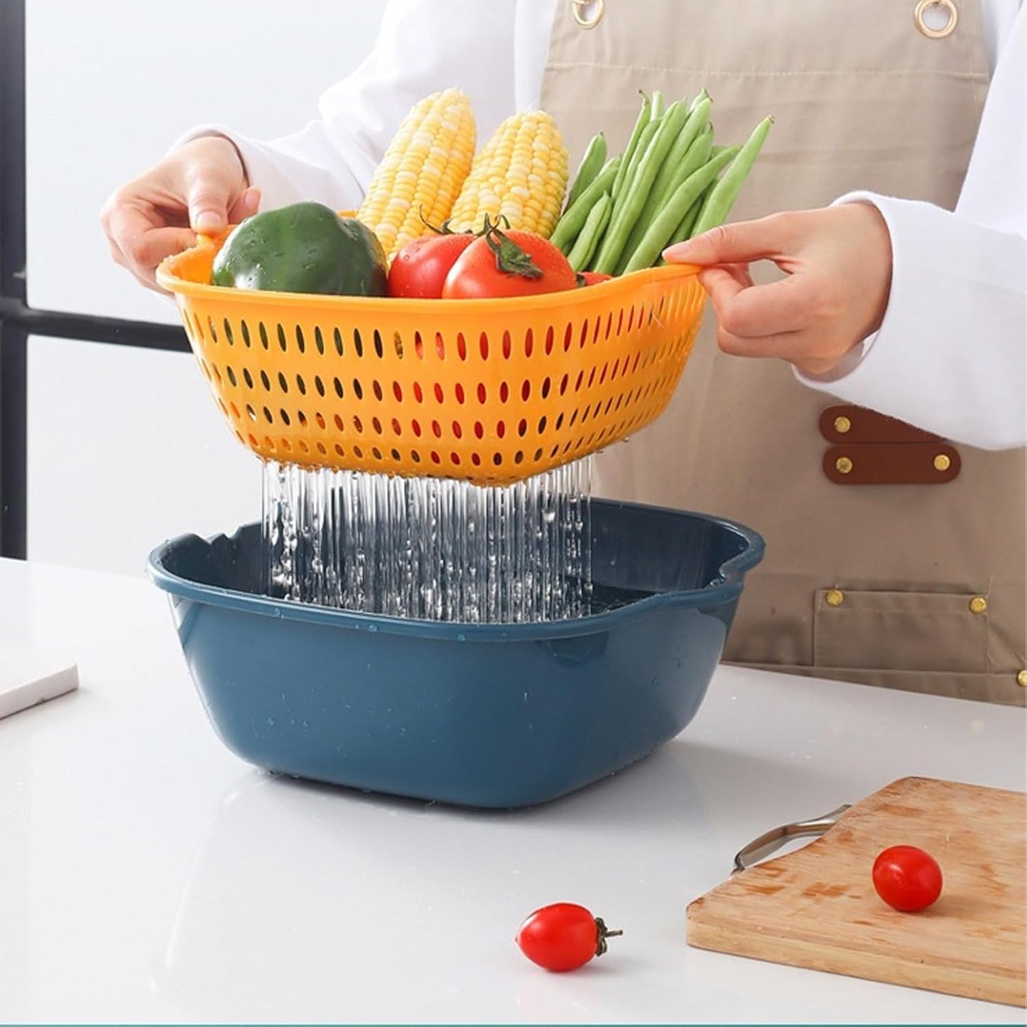 Lavabo de cocina de seis piezas en cesta de doble capa, cesta de lavado de plástico multifuncional para verduras y frutas, para el hogar y la cocina
