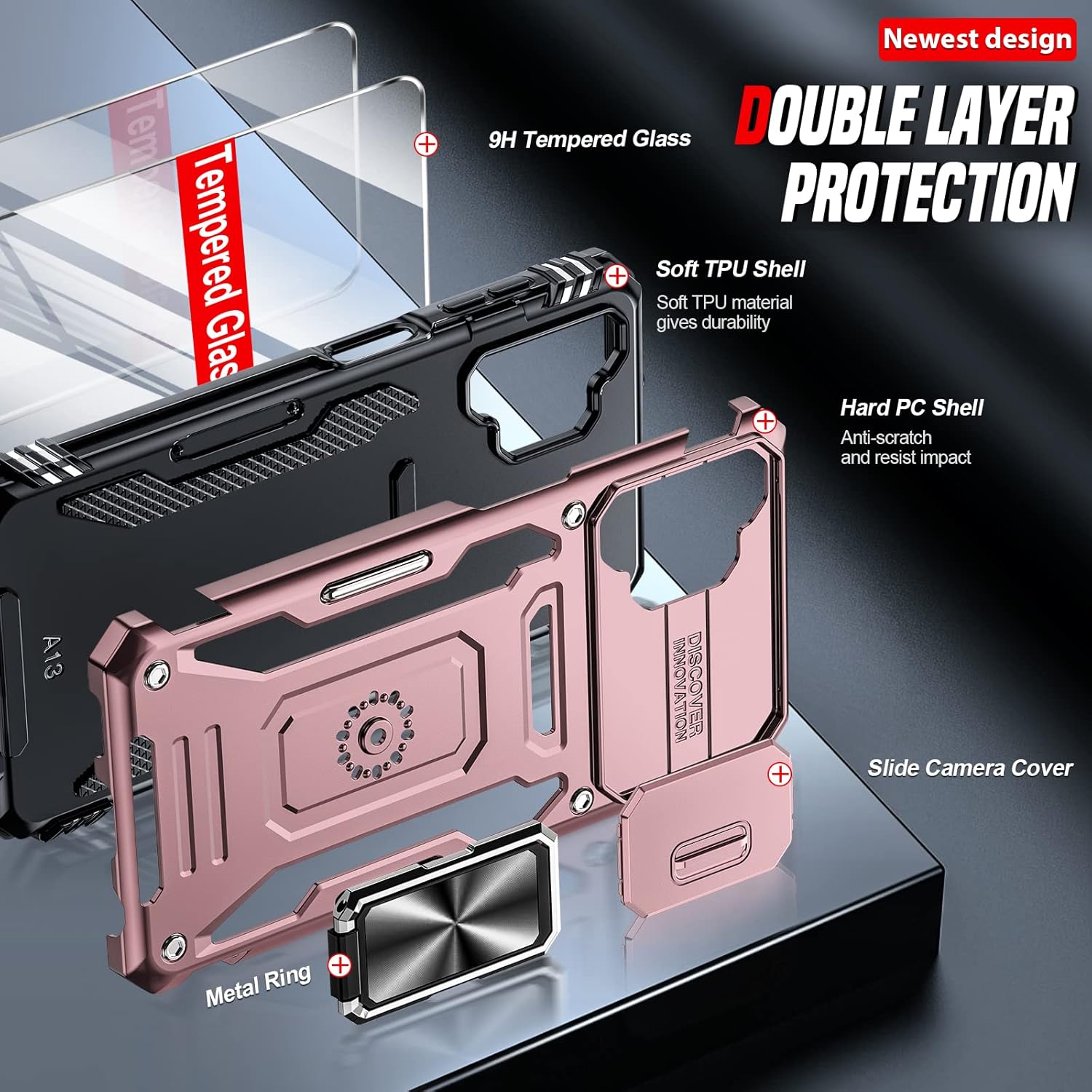 LeYi Funda para Galaxy A13 5G funda Samsung A13 con cubierta deslizante para cámara + 2 paquetes protector de pantalla, funda de teléfono de grado