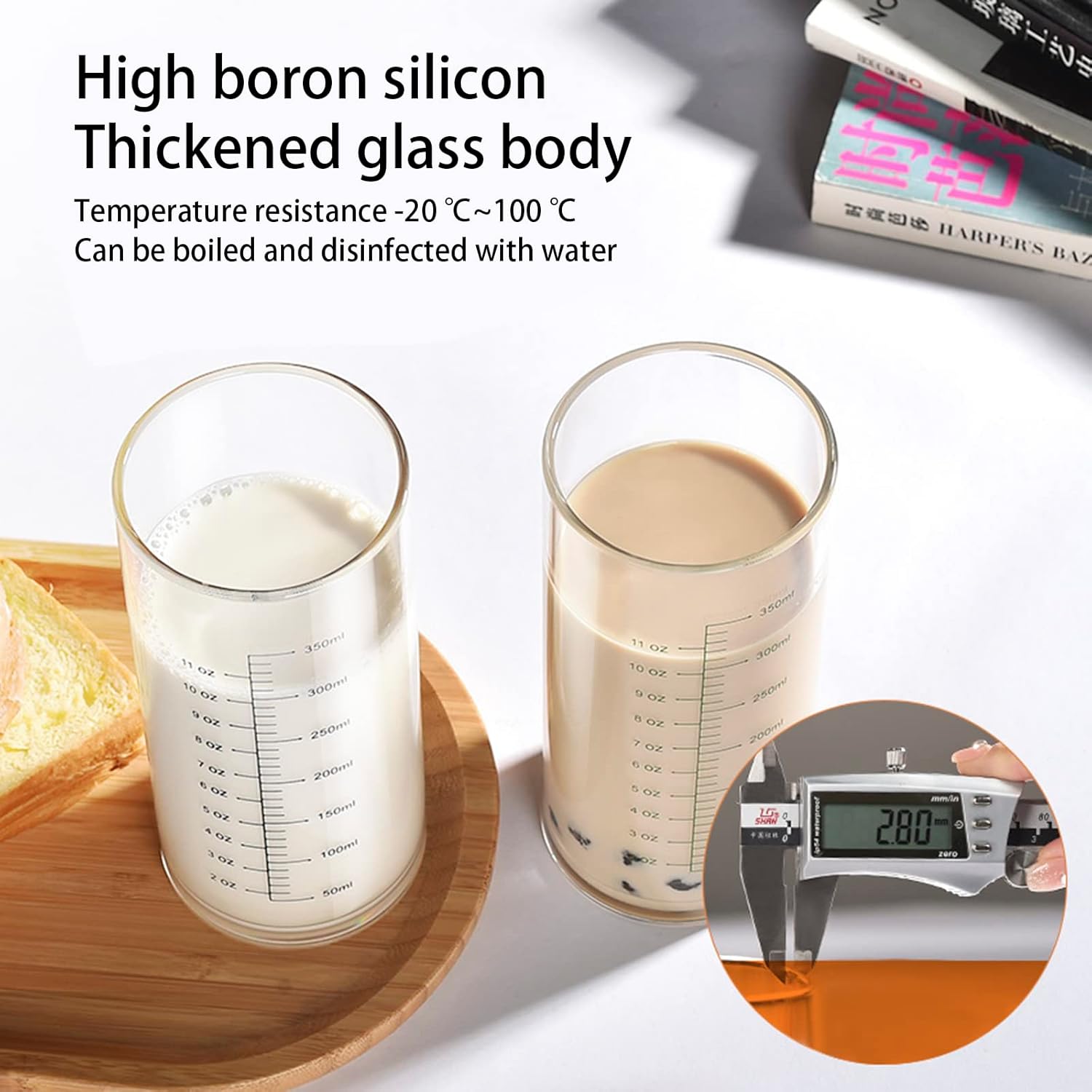 Vaso de vidrio graduado, vaso medidor de vidrio de borosilicato alto para ancianos, principiantes, pérdida de peso, vidrio transparente recto con