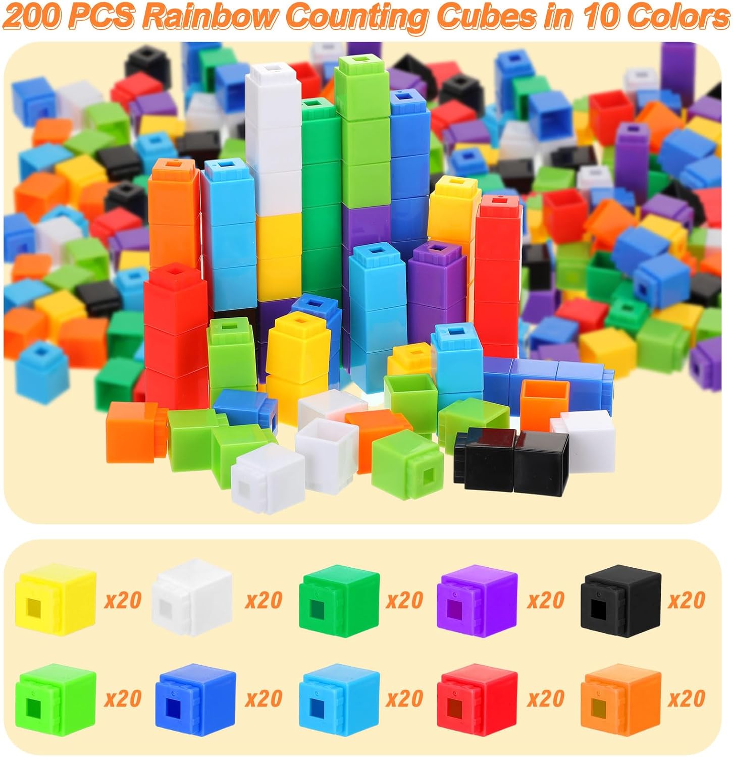 Jenaai 200 cubos de enlace para contar, bloques de conteo de plástico, cubos de matemáticas coloridos, manipuladores de matemáticas, suministros de