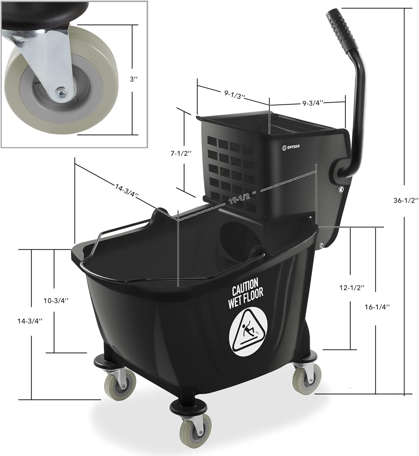 Dryser Comercial prensa lateral escurridor Combo fregona cubo, 33 cuartos de galón, negro