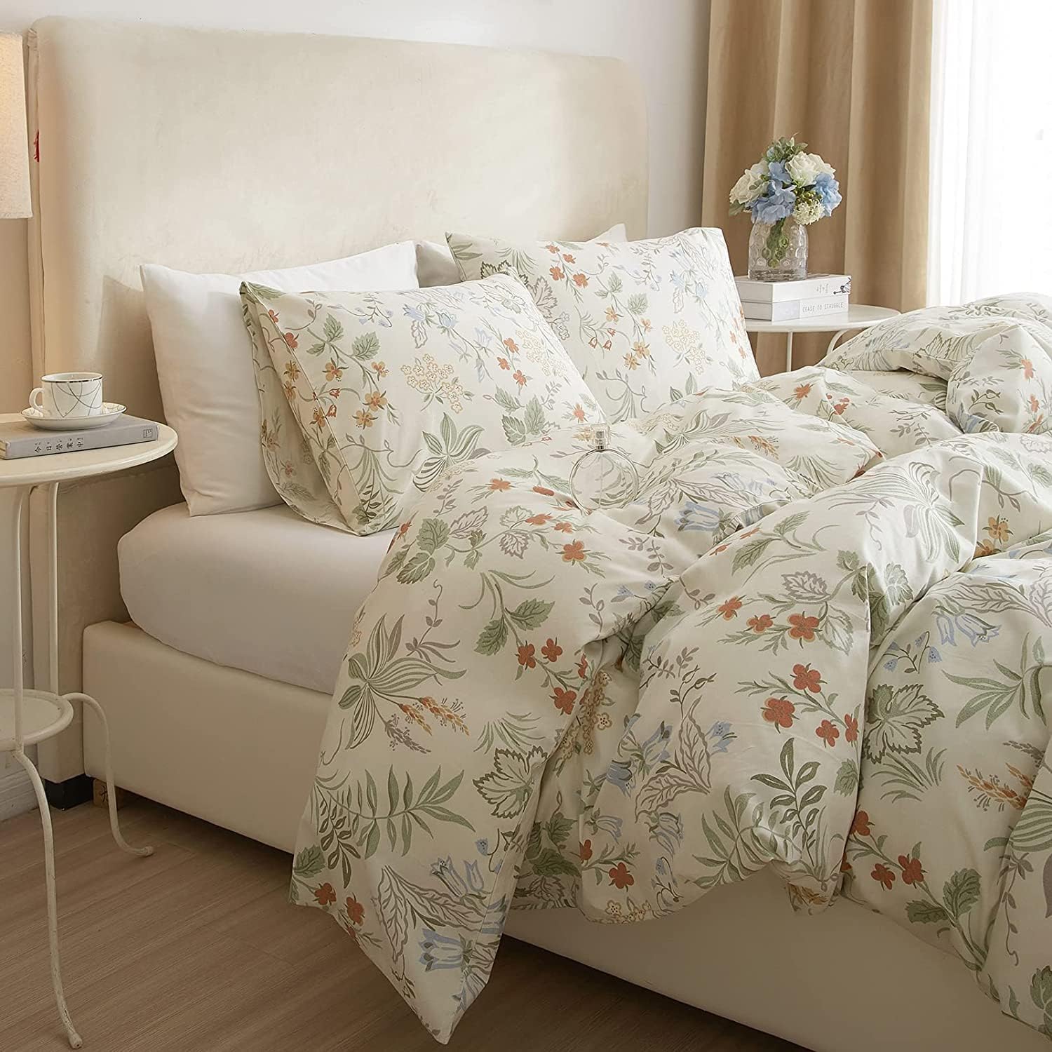 Juego de funda de edredón estilo jardín, diseño floral, tamaño individual, elegante, con hojas, flores y ramas, de algodón, estético, color blanco,