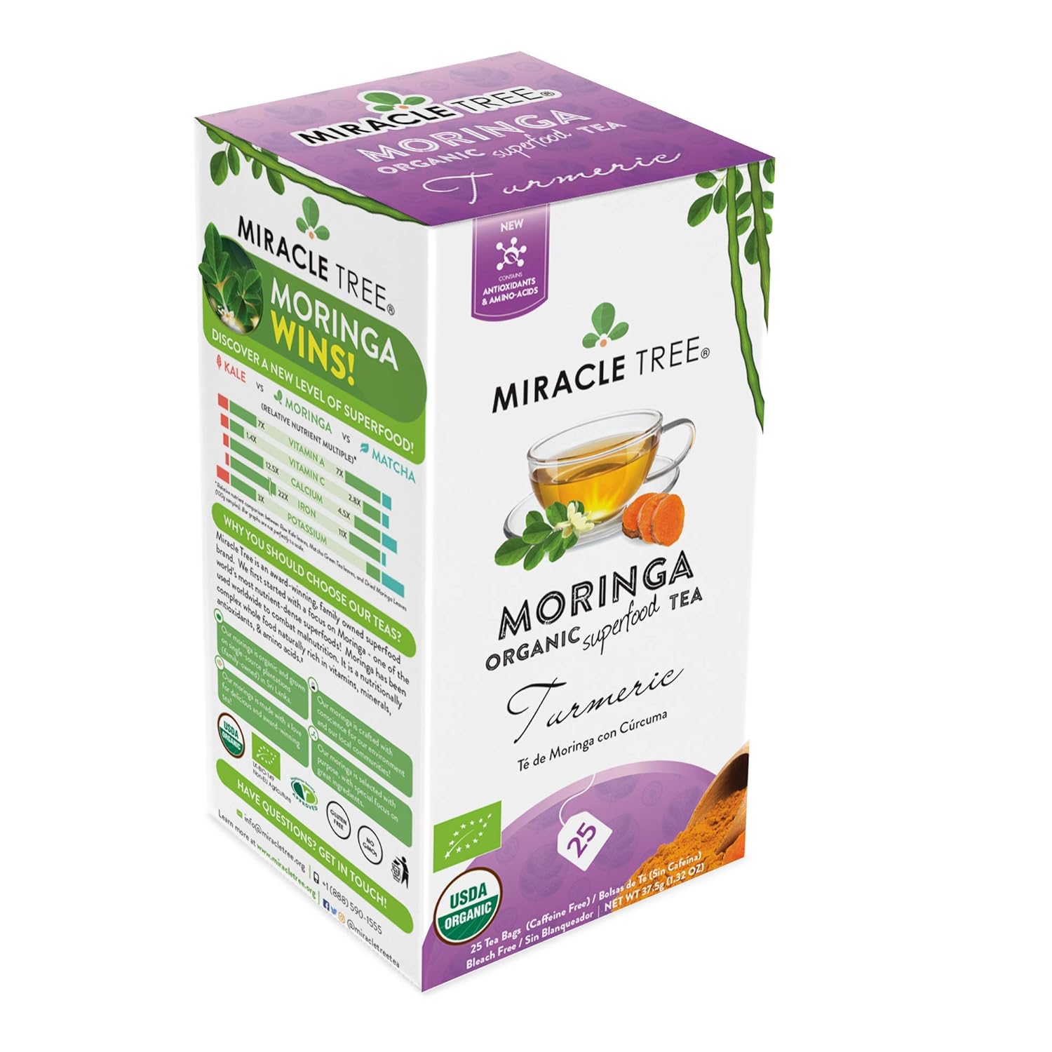 Miracle Tree – Té de moringa orgánico, superalimento, 25 sacos de té individuales sellados.
