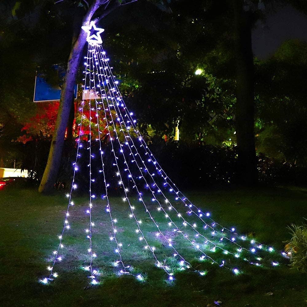 Guirnalda de luces de estrella para decoración de Navidad al aire libre, 317 luces LED de 11.5 pies con 8 modos de iluminación de memoria y