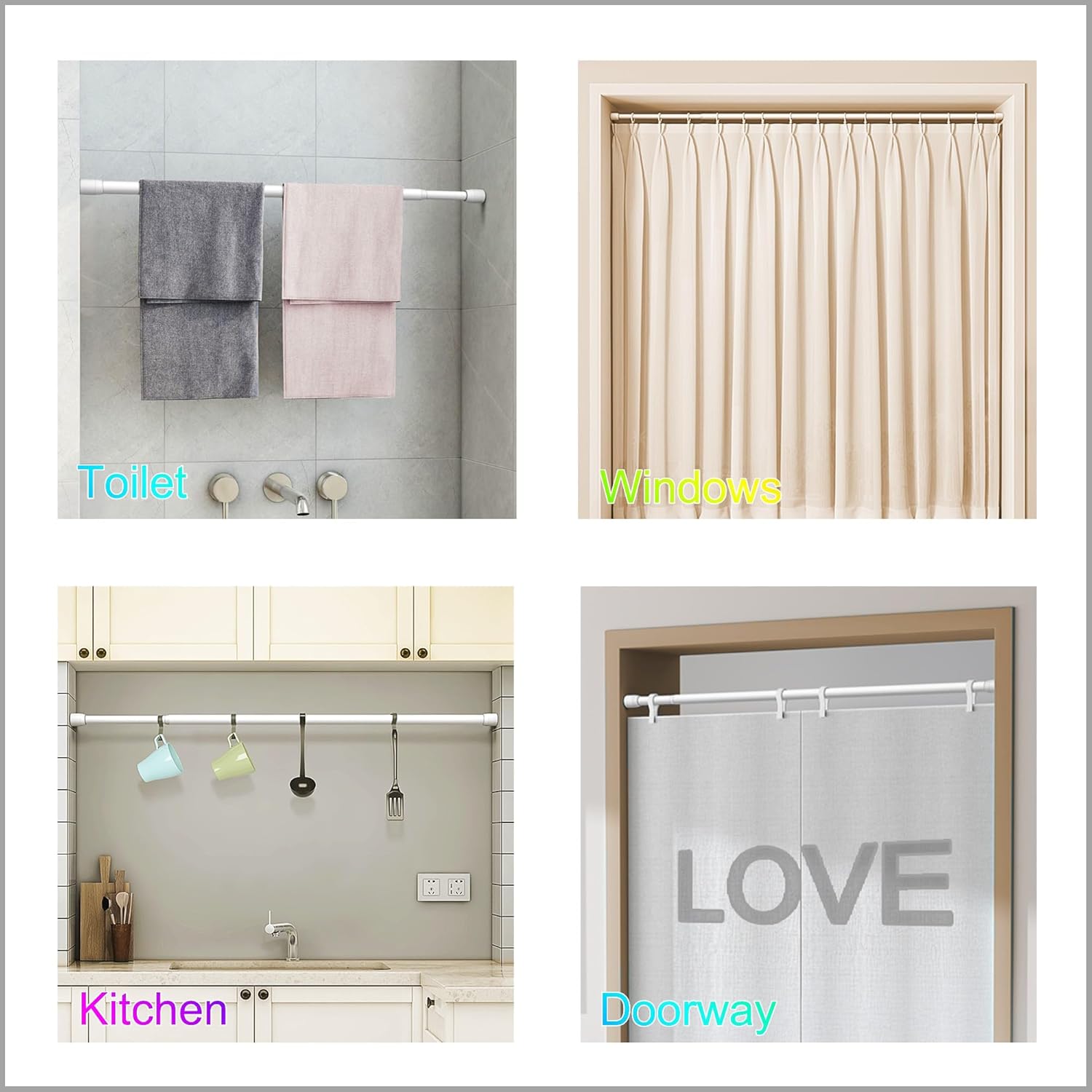 2 barras telescópicas de resorte ajustables para puerta, ventana, ducha, armario, puerta, baño, cortinas para colgar, sin necesidad de taladros,