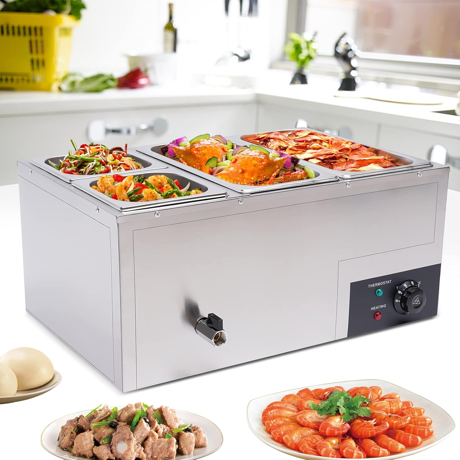 Calentador de sopa de alimentos de 110 V, 4 sartenes, mesa de acero inoxidable de grado alimenticio, encimera comercial, cafetería de buffet,