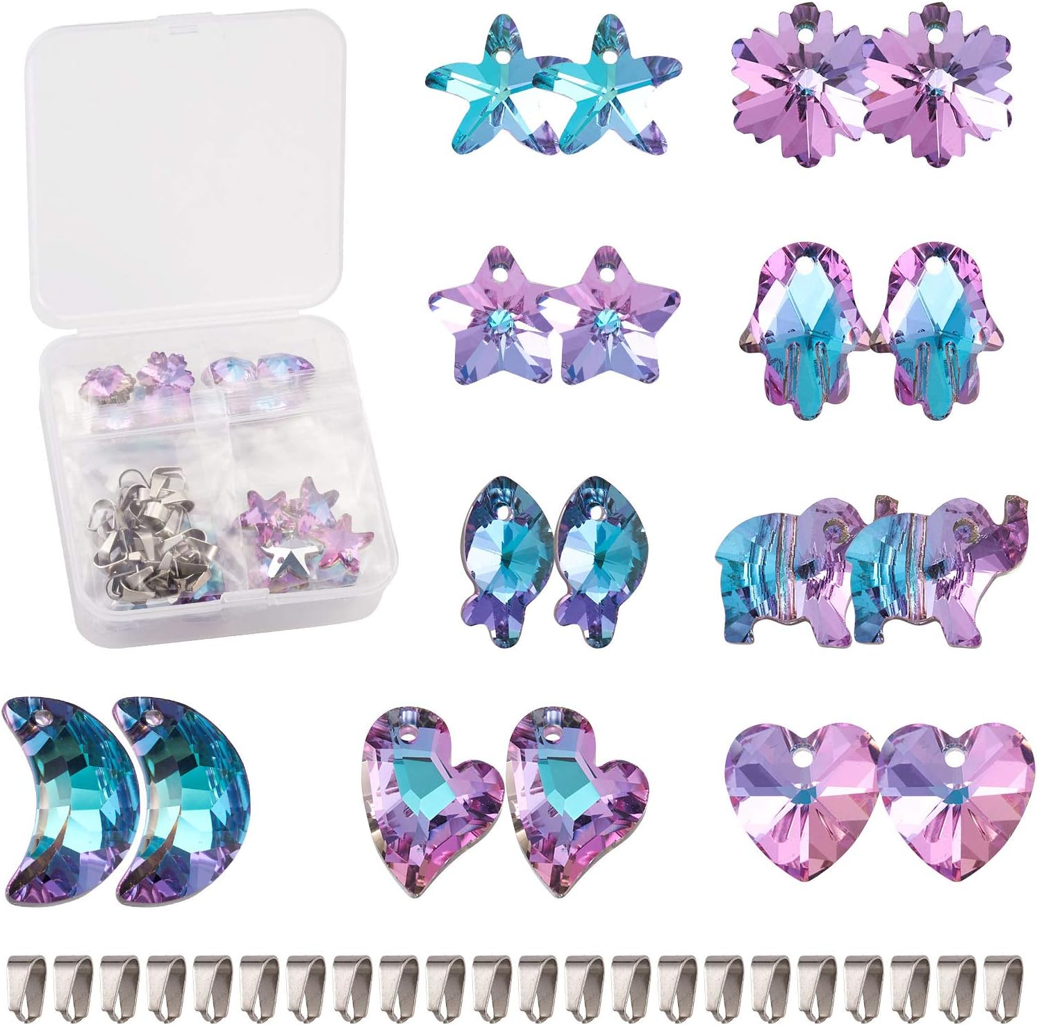 Cheriswelry 36 colgantes de cristal facetado K9 de 9 estilos, dijes colgantes de piedra natal iridiscente mixta, cuentas colgantes con conectores de