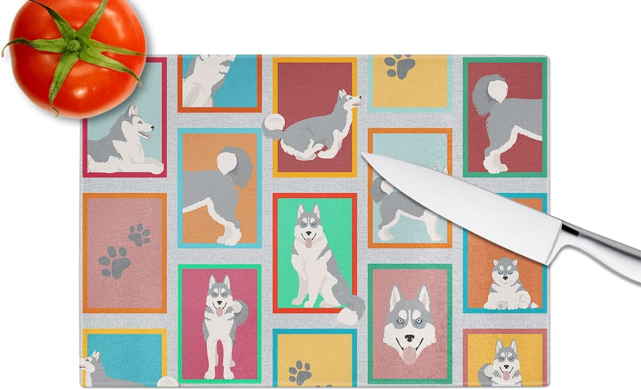 Caroline’s Treasures MLM1159LCB Lots of Grey Siberian Husky Glass Cutting Board Large Decorative Tempered Glass Kitchen Cutting and Serving Board