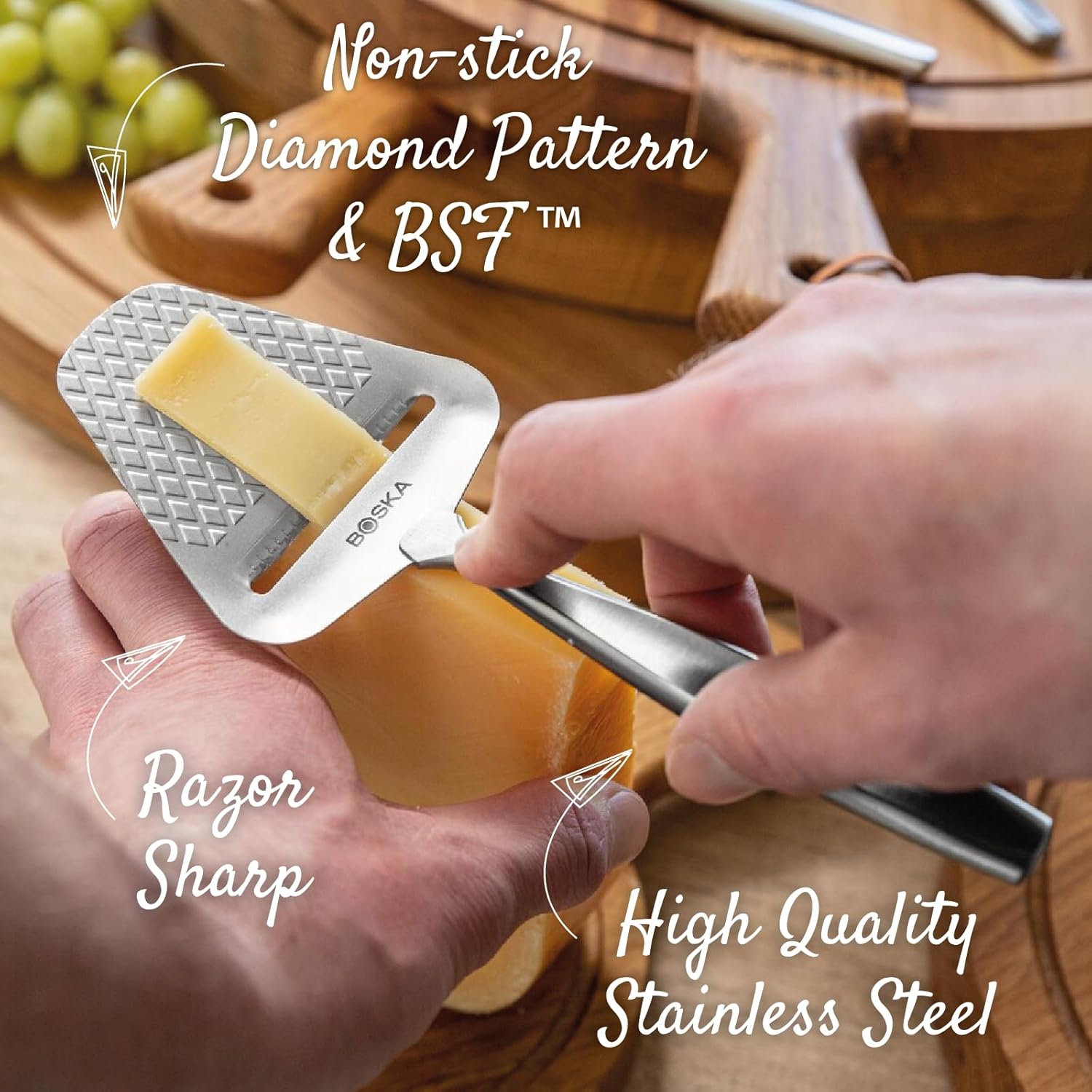 BOSKA Monaco+ Premium – Cortador de queso premiado para queso, cheddar hasta parmesano, patrón acolchado que reduce la resistencia, antiadherente y