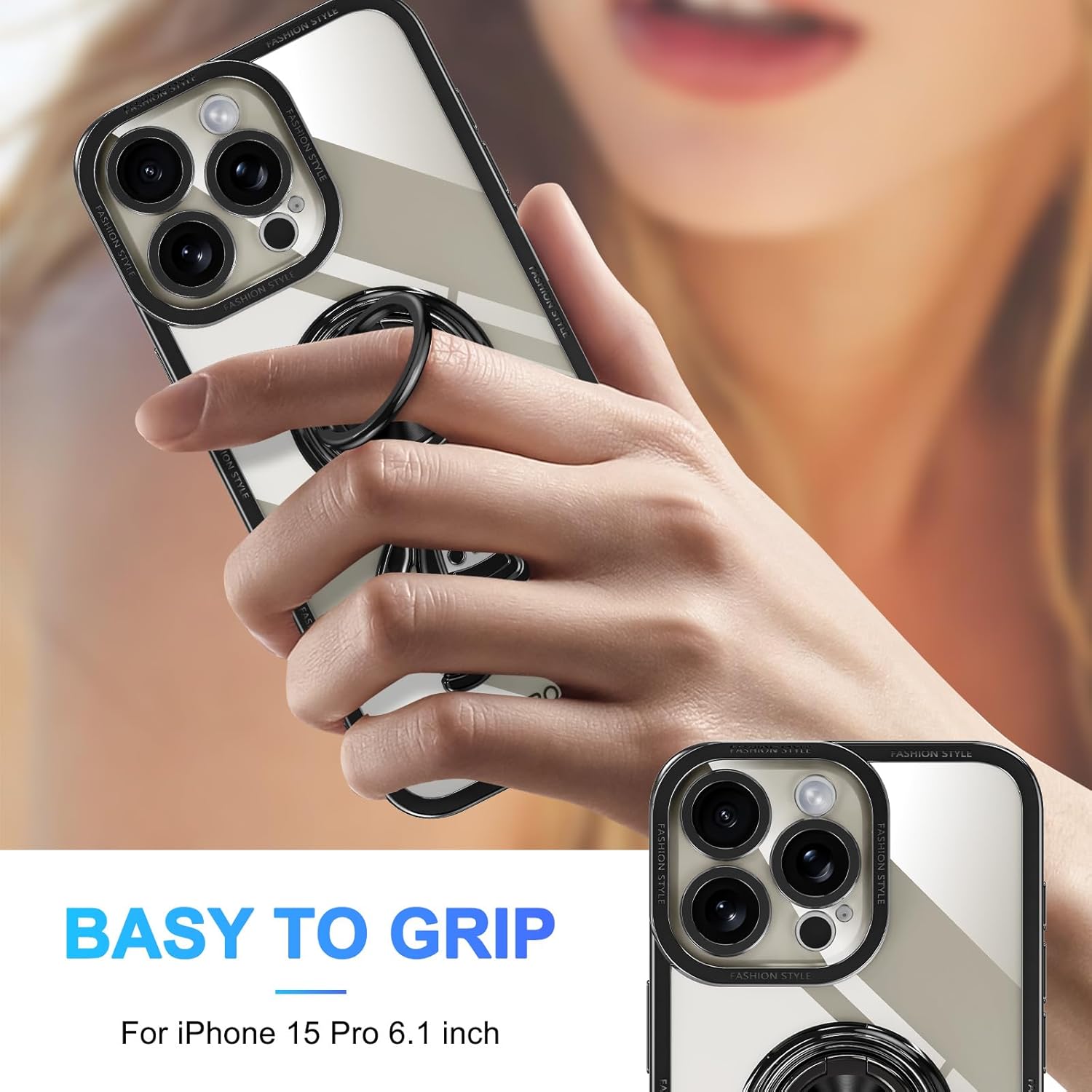 LONTECT Funda para iPhone 15 Pro, a prueba de golpes, protección de cuerpo completo, soporte de anillo de astronautas, delgada, transparente,