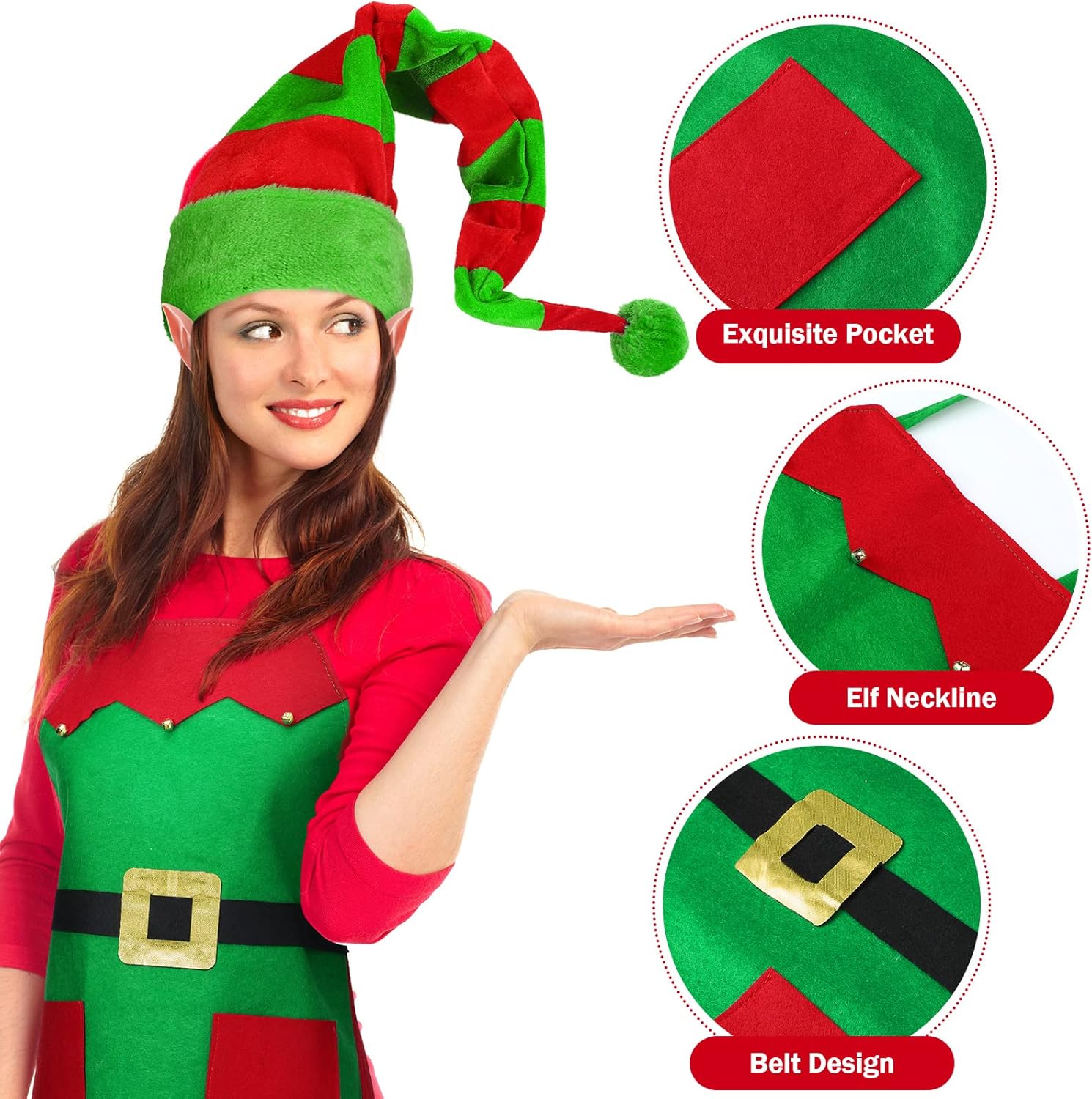 Janmercy El juego de disfraz de elfo para mujer incluye delantal de fieltro de elfo, sombrero largo de felpa a rayas para adultos, orejas
