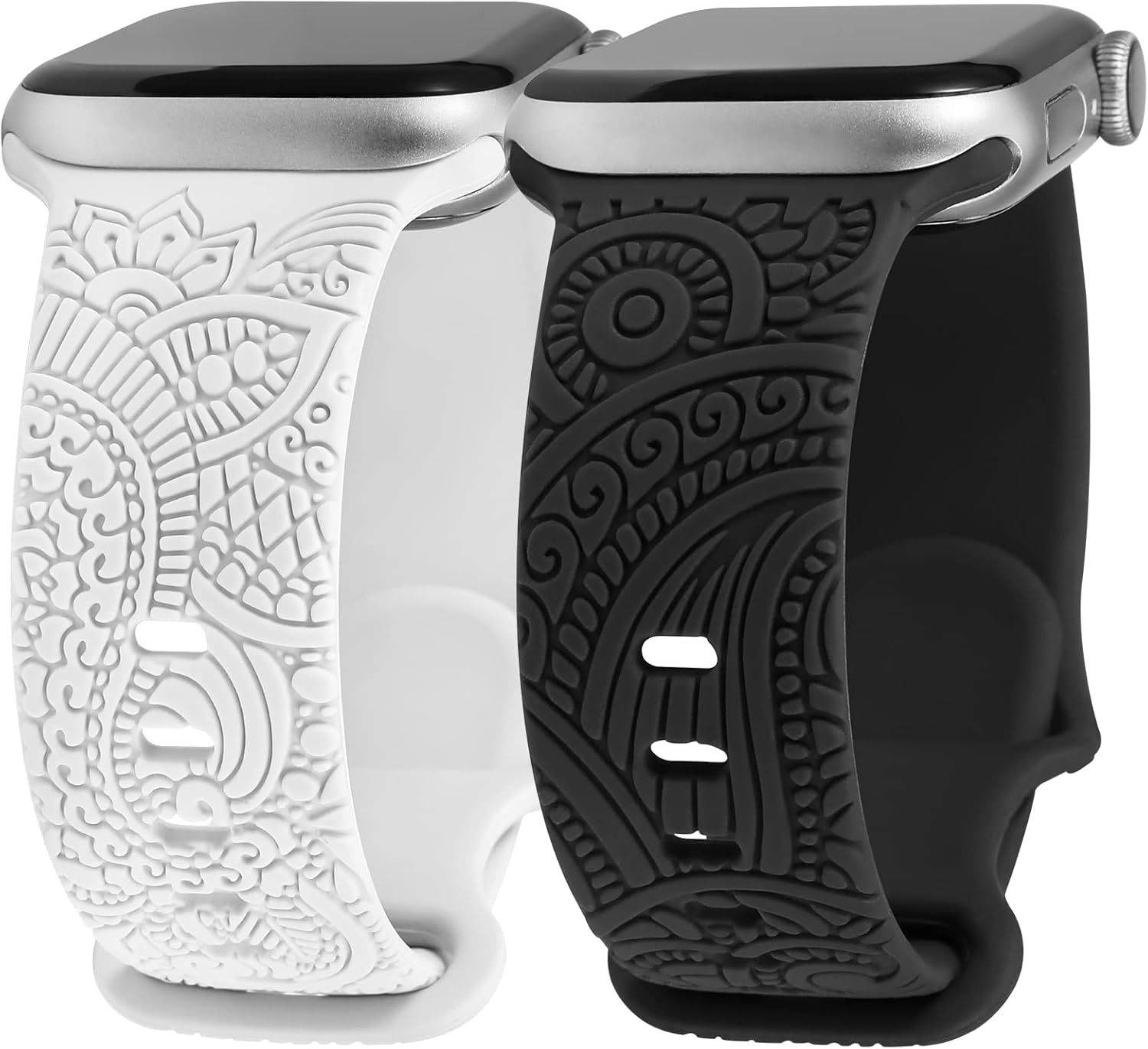 2 Packs Boho Engraved Bands Compatible with Apple Watch Bands 41mm 40mm 38mm 45mm 44mm 42mm 49mm Women Girls Men, Silicone Sport Fancy Dressy Cute