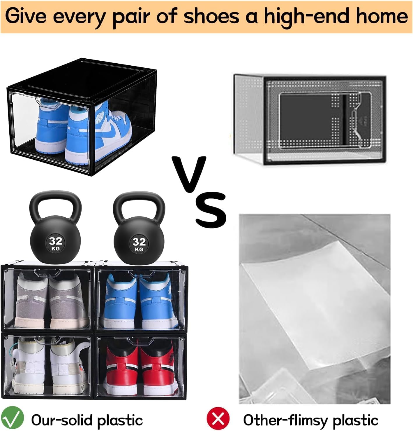 Cajas de almacenamiento de zapatos transparentes apilables, paquete de 6 organizadores de zapatos para armario, caja de tenis, ajuste fuerte y
