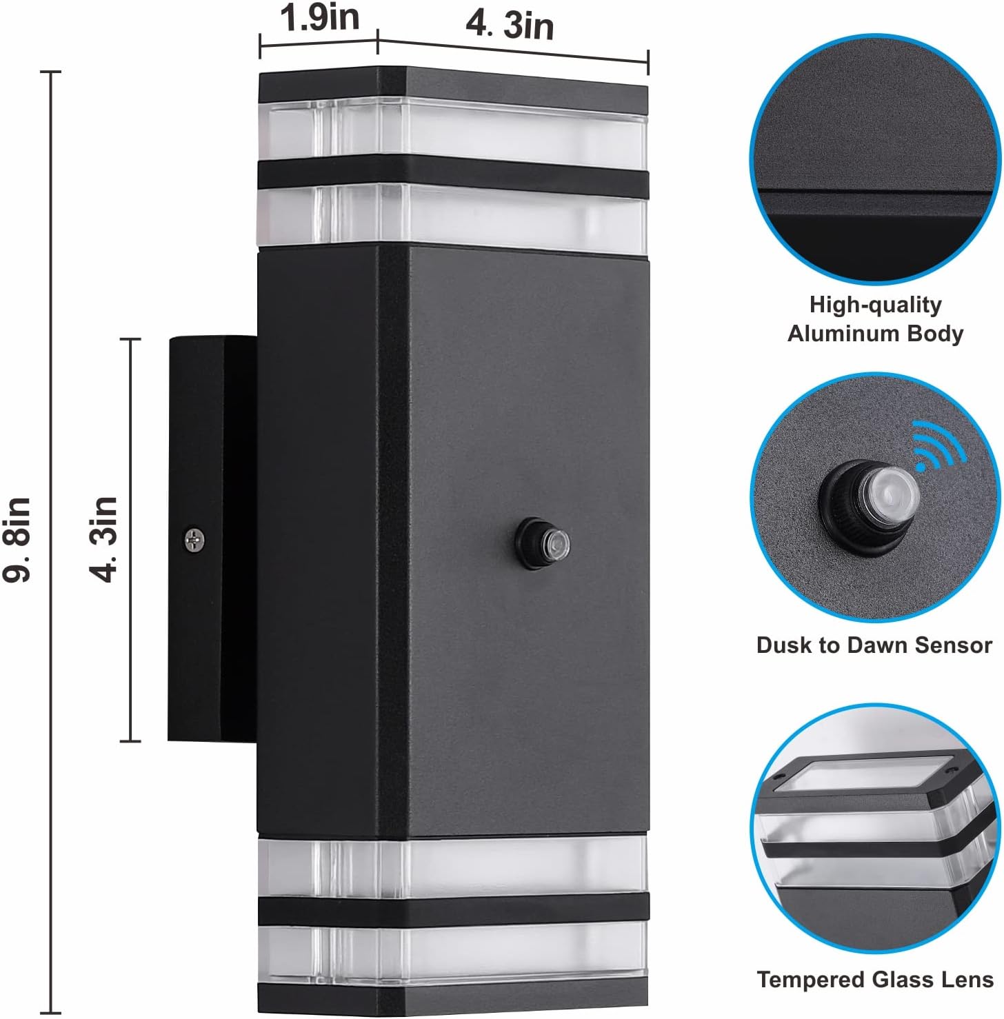 1 paquete de luces de pared para exteriores con sensor de anochecer a amanecer, aplique de pared LED integrado, iluminación exterior de aluminio de
