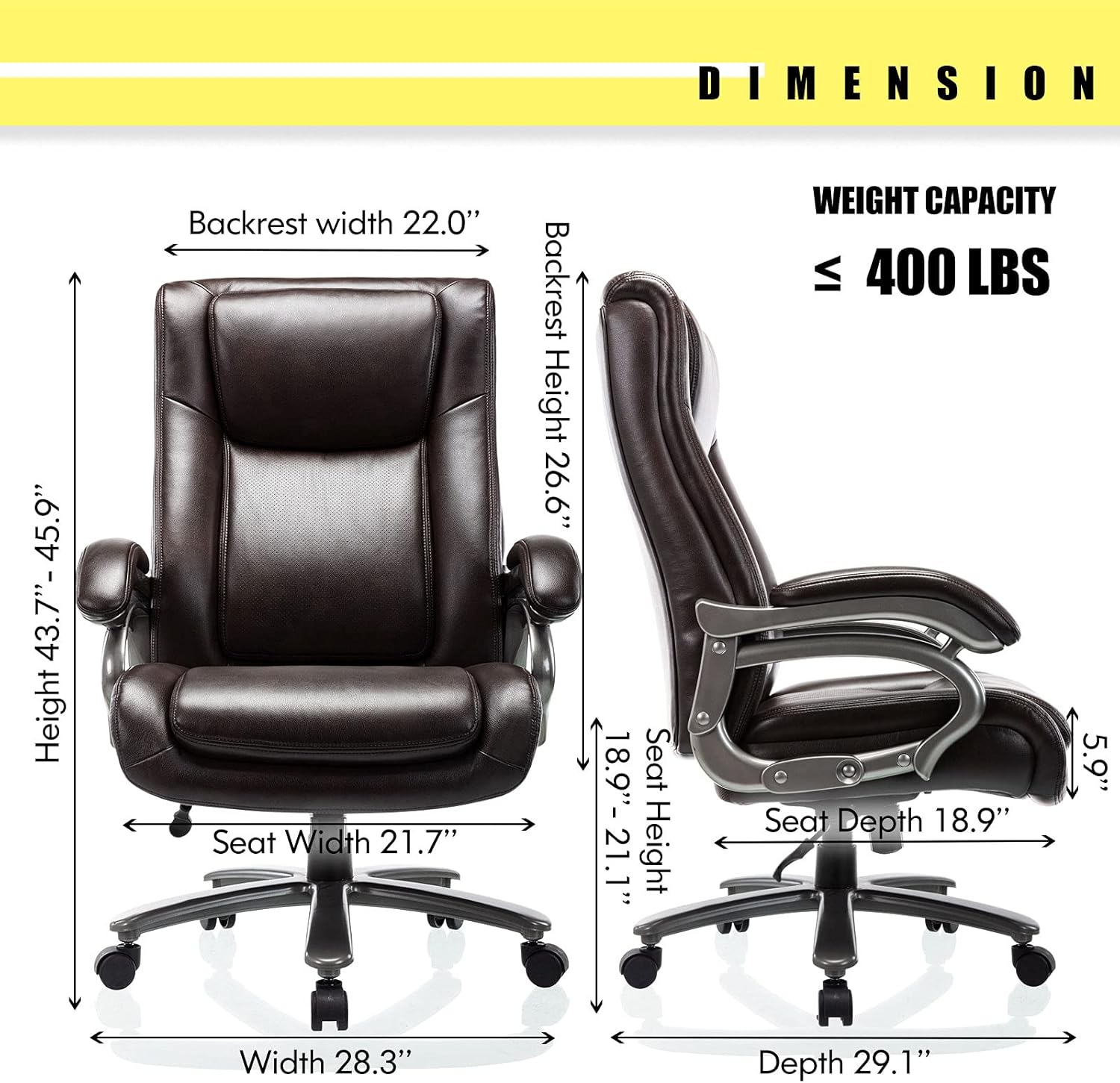 Silla de oficina grande y alta de 400 libras, silla ejecutiva de computadora con respaldo alto, base de metal resistente y ángulo de inclinación