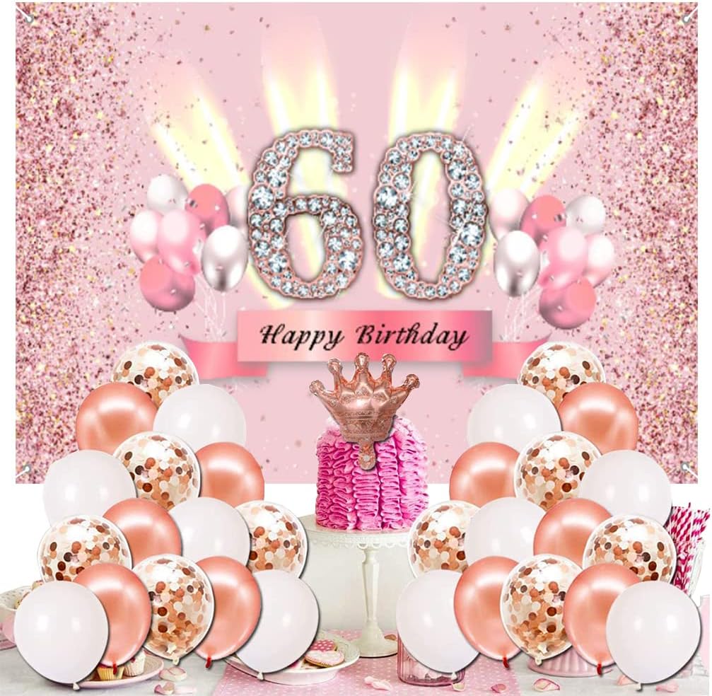 Decoraciones de 60 cumpleaños para mujer, cartel de fondo de feliz cumpleaños 60, cartel de tela para fiesta de aniversario de 60 años, póster de
