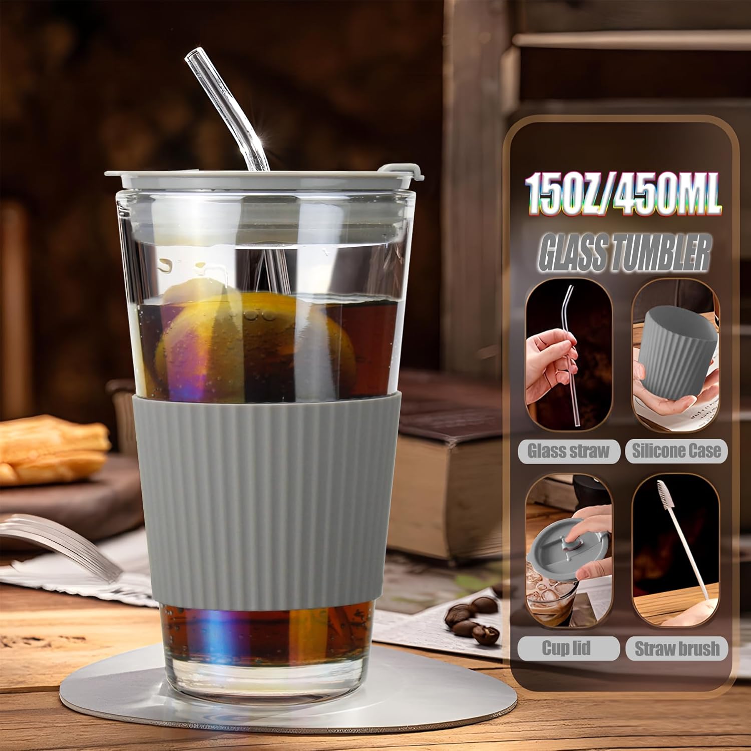 Vaso de vidrio de 15 onzas con popote y tapa de vidrio, taza de café helado colorida Aurora de 15.2 fl oz con funda protectora de silicona, cabe en