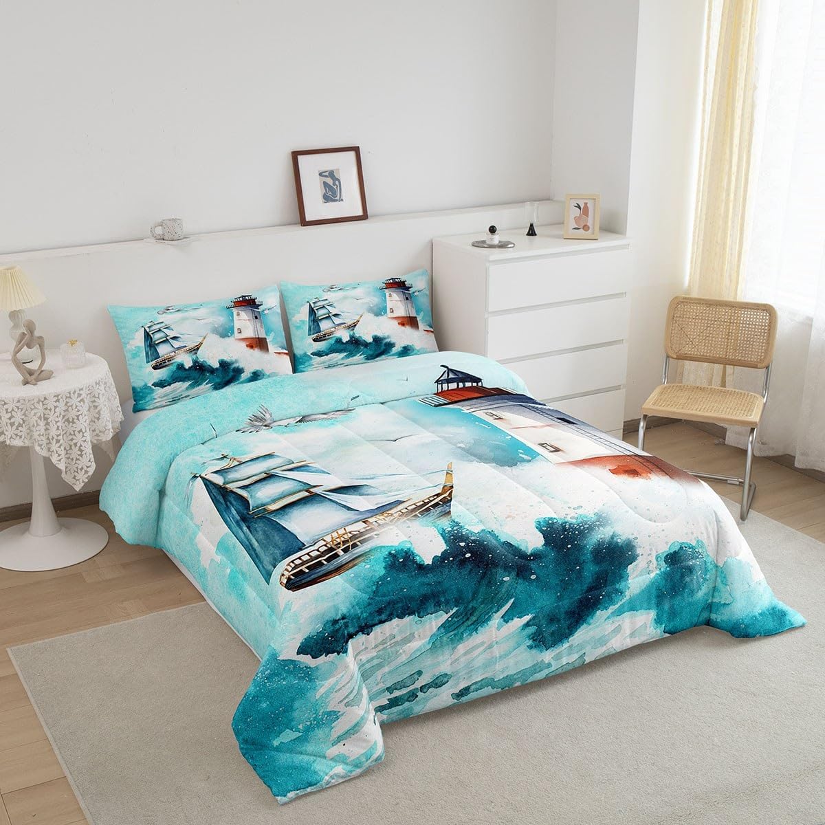 Castle Fairy Juego de edredón náutico tamaño individual, juego de ropa de cama de 2 piezas para niños, adolescentes, niños, niñas, decoración de