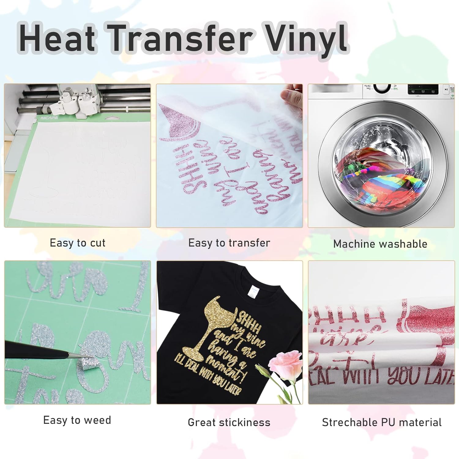 Rollo de vinilo de transferencia de calor HTV con purpurina, vinilo para planchar con purpurina para Cricut y Silhouette Cameo, vinilo con purpurina