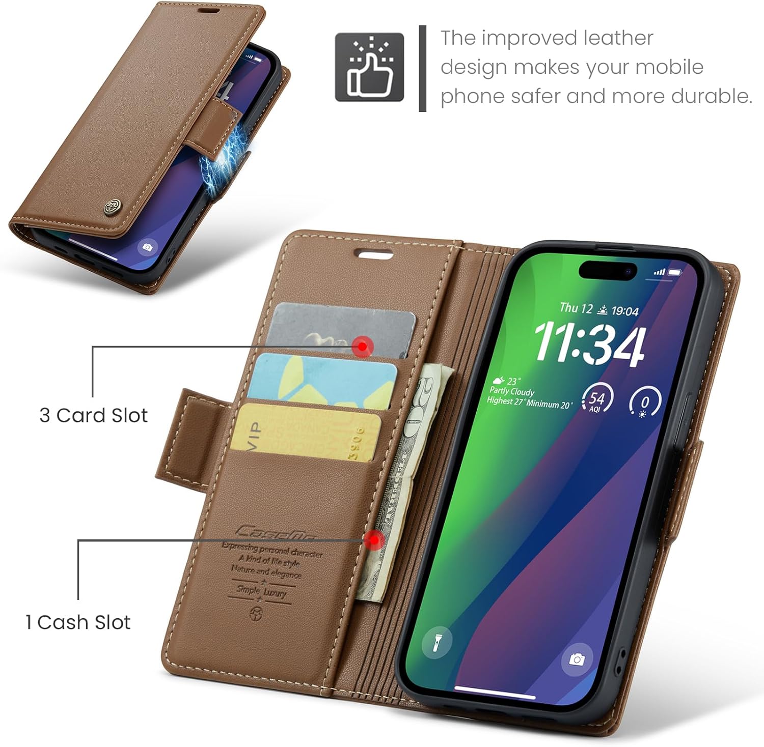 Funda para iPhone 15, bloqueo RFID Funda de piel sintética con tarjetero y soporte para tarjetas, funda a prueba de golpes para iPhone 15 (6.1