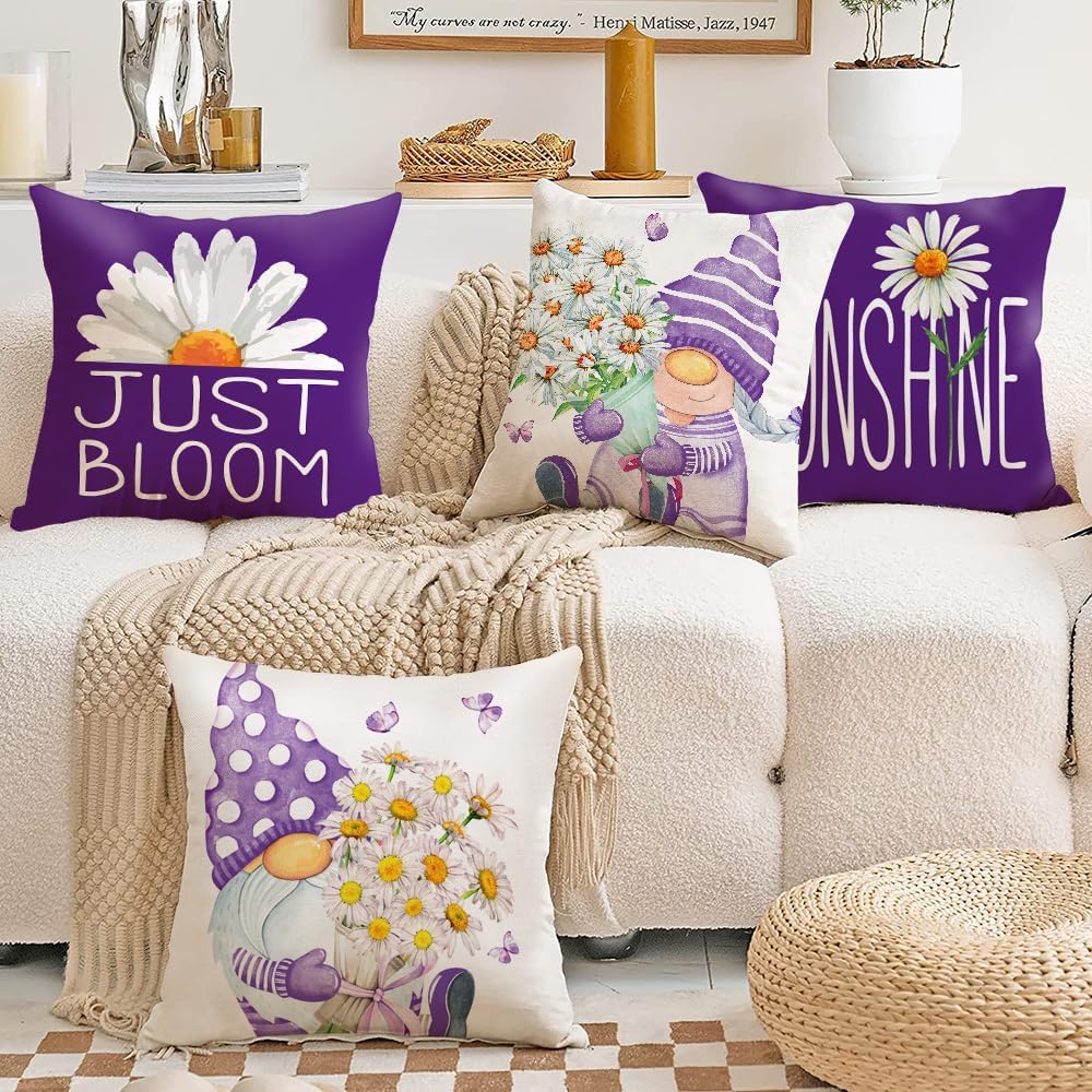 All Smiles Juego de 4 fundas de almohada moradas de 16 x 16 pulgadas, para exteriores, primavera, verano, decoración del hogar para patio, sofá,
