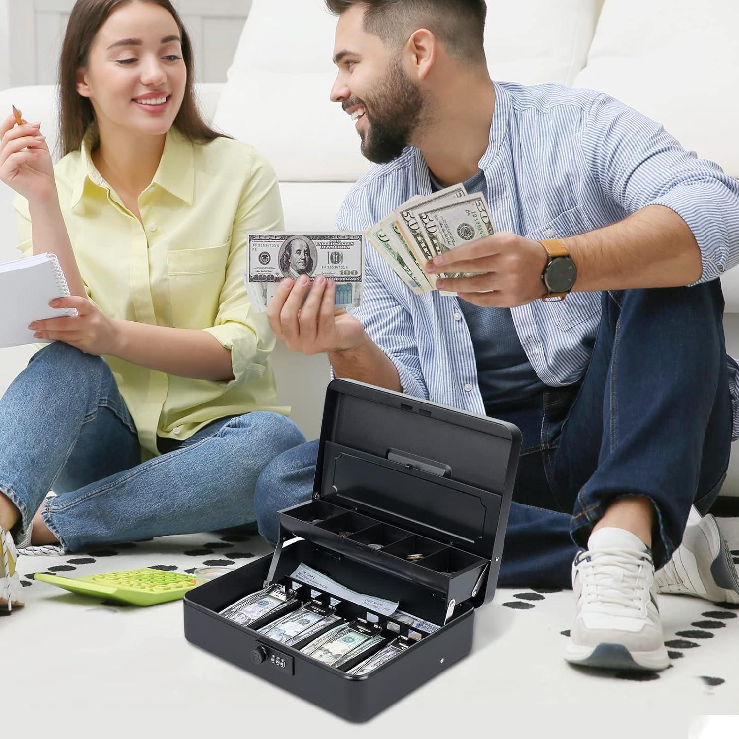 Tera Caja de dinero grande con bandeja de dinero y cerradura de combinación 4 billetes 5 ranuras para monedas caja de dinero portátil de metal
