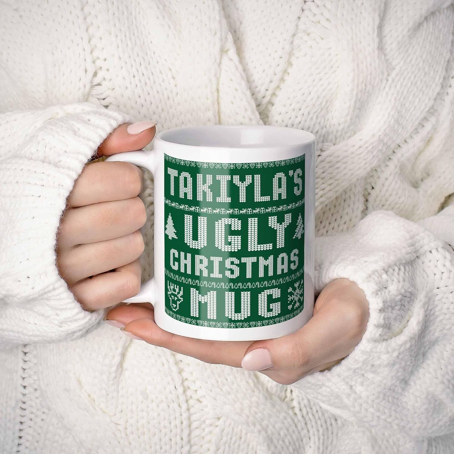 Takiyla Name Christmas Gift. Personalized Ugly Christmas Sweater Coffee Mug. Funny Custom Xmas Gift, Stocking Stuffer For Friends, Coworkers And