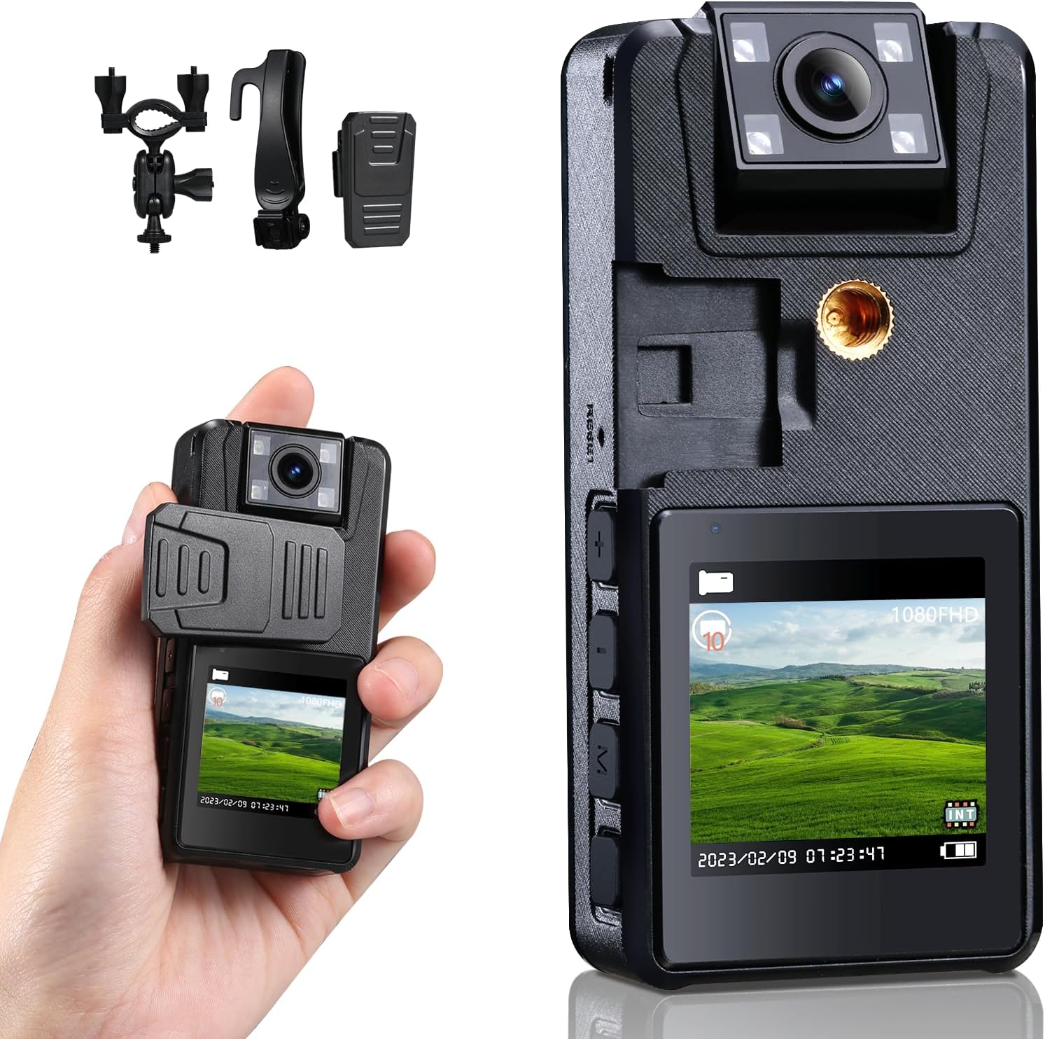 Hoestr Cámara corporal de 64 GB, cámara corporal 1296P (2500 mAh) con visión nocturna IR, lente giratoria de 180 y 3 clips resistentes, videocámara