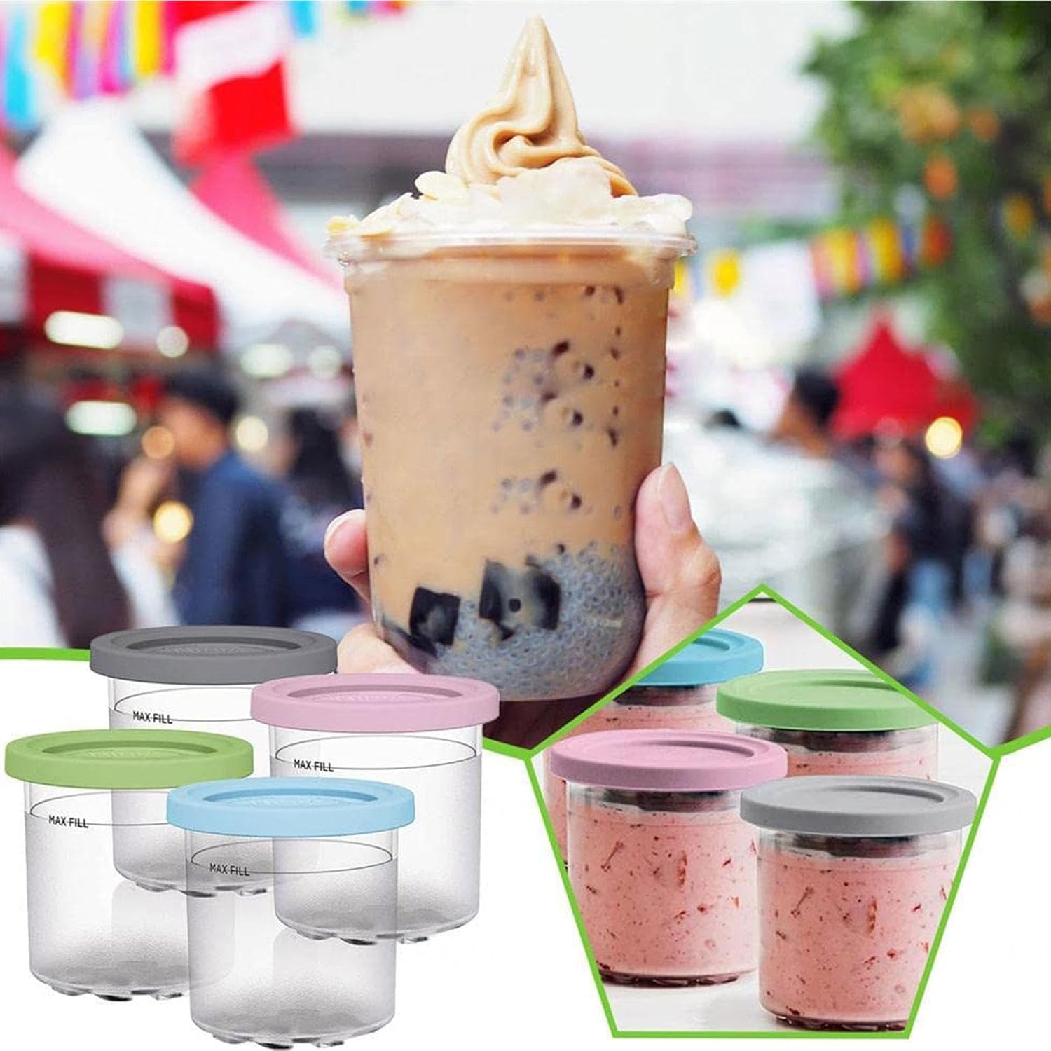 EVANEM 246 recipientes para creami, para tazas de helado Ninja, recipientes de helado de 16 onzas para congelador y a prueba de fugas, compatibles