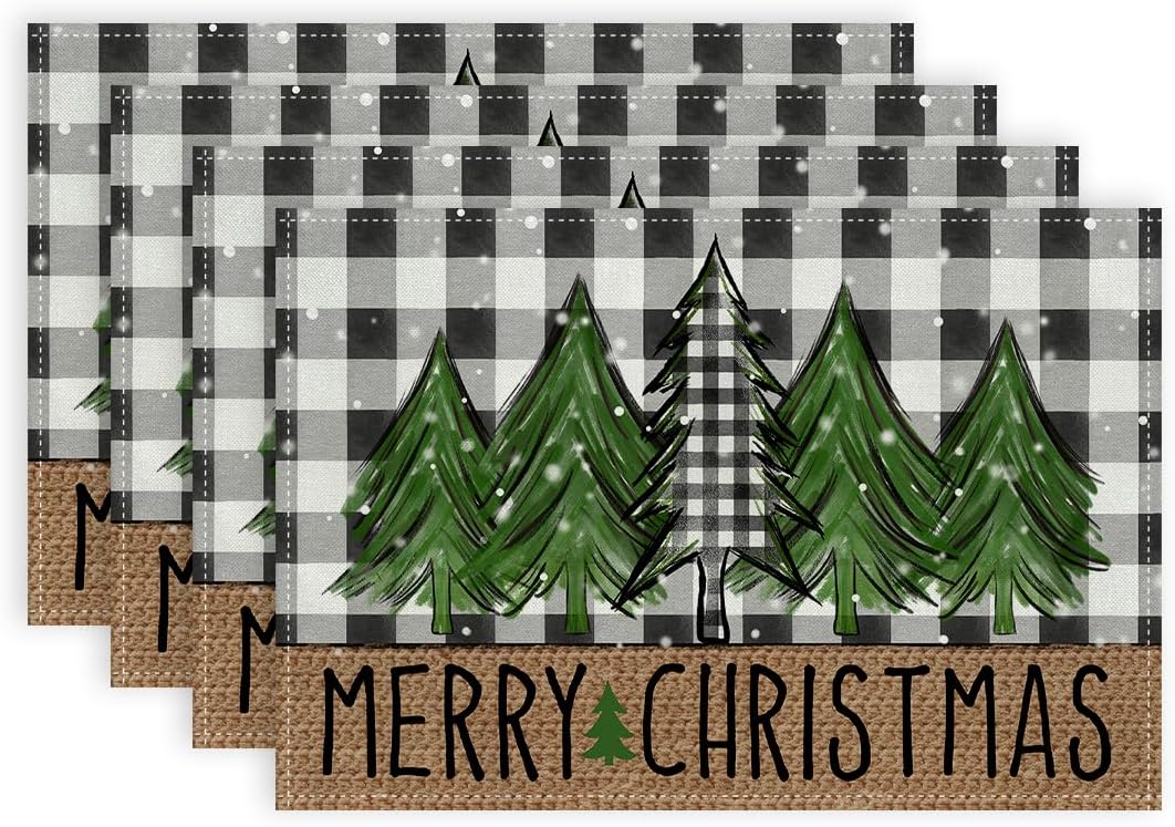 ARKENY AP467-18 – Juego de 4 manteles individuales de Feliz Navidad de 12 x 18 pulgadas, diseño de copo de nieve de árbol de invierno, arpillera de