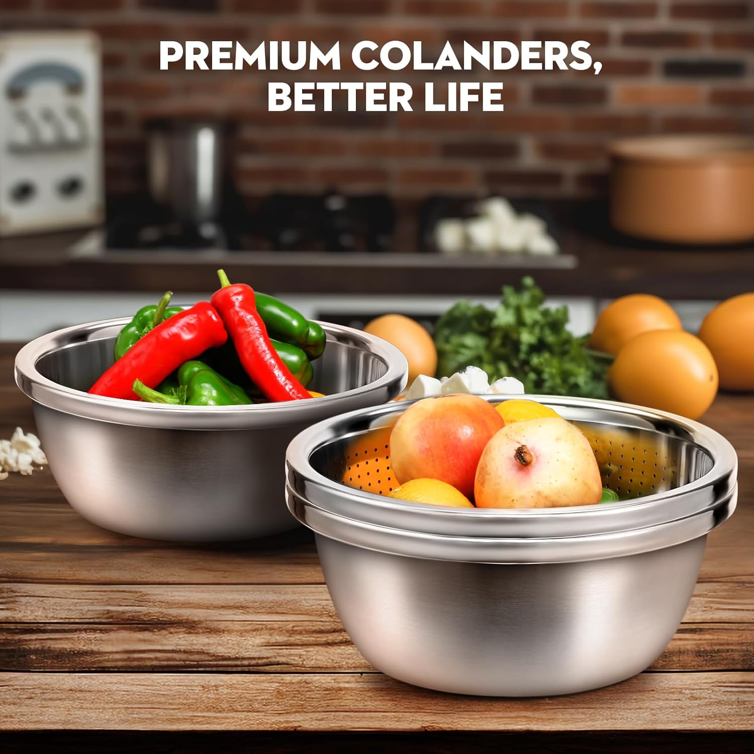 Colador de acero inoxidable 304, colador de arroz de 5 cuartos extragrande con tazones para mezclar, coladores y coladores para cocina para escurrir