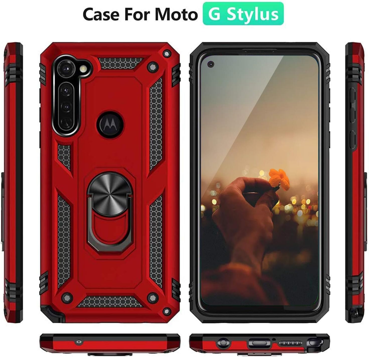TJS Funda compatible con Motorola Moto G Stylus 2020, con protector de pantalla de vidrio templado, resistente a los impactos, anillo de metal,