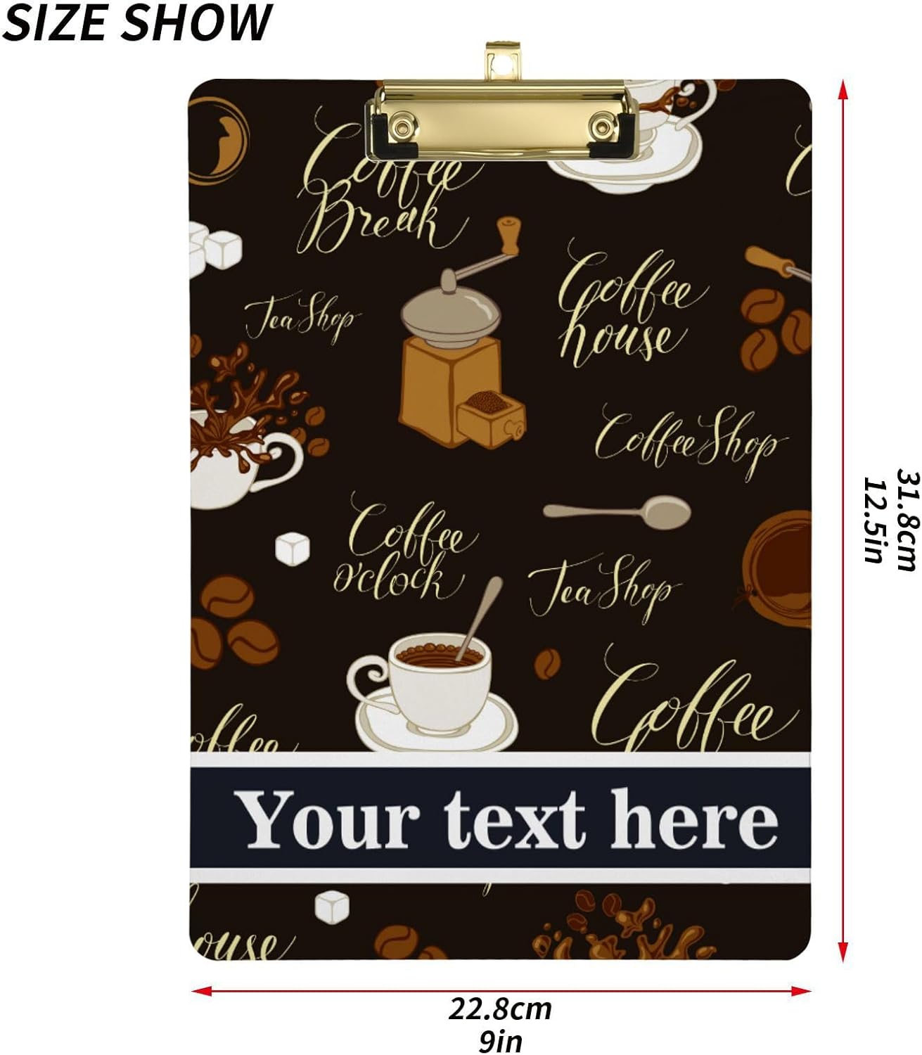 Portapapeles de plástico personalizado para té, café, tamaño carta estándar, cartón personalizado con clip de metal de perfil bajo para colgar,