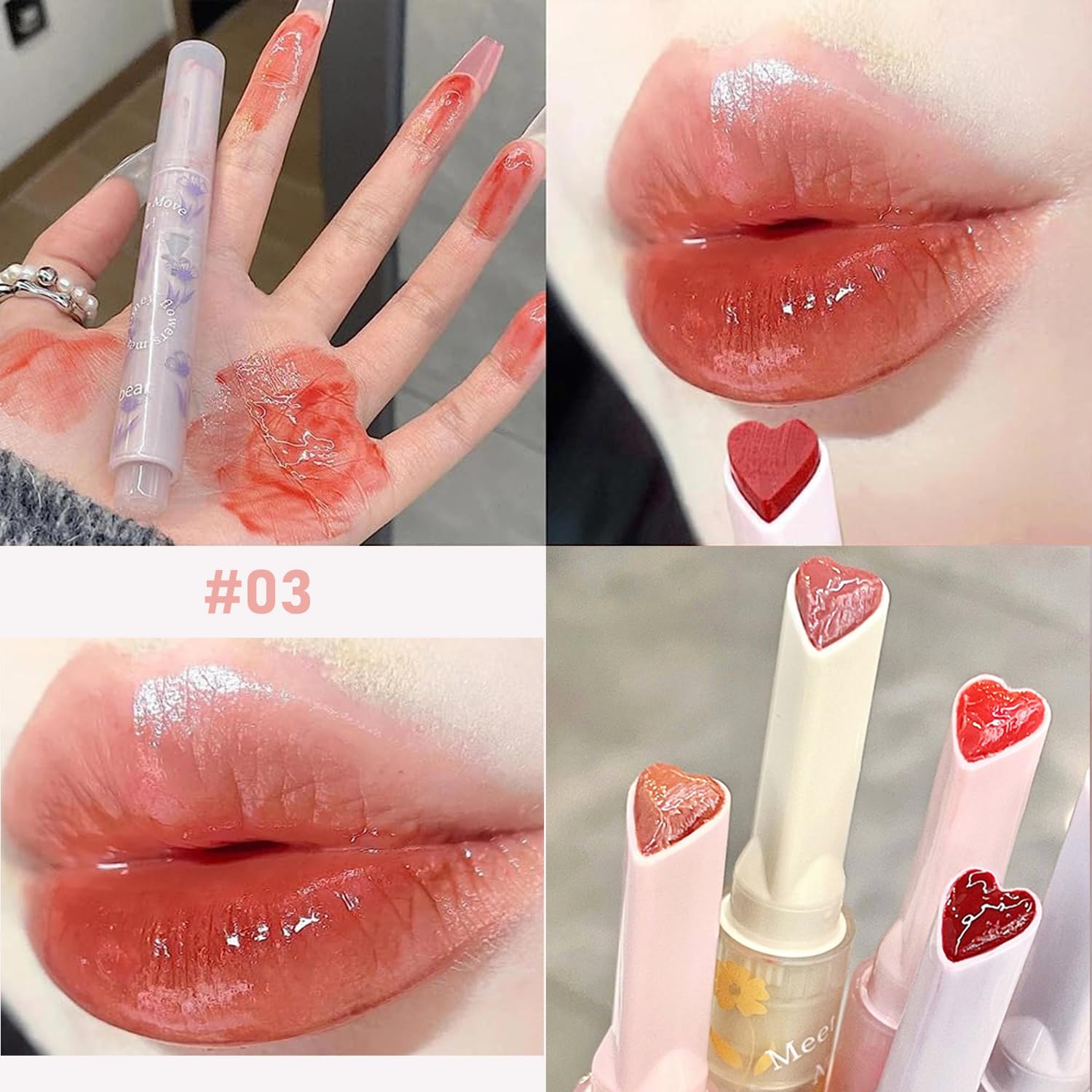 Lápiz labial Heart Jelly, brillo de labios tintado en forma de corazón, tinte de labios hidratante de espejo, bálsamo derretido brillante tintado de