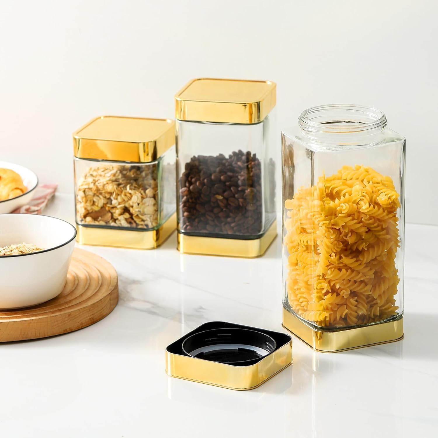 Tarros de almacenamiento de vidrio, recipientes grandes de vidrio de cocina con tapas herméticas, para café, pasta, té, aperitivos, nueces,