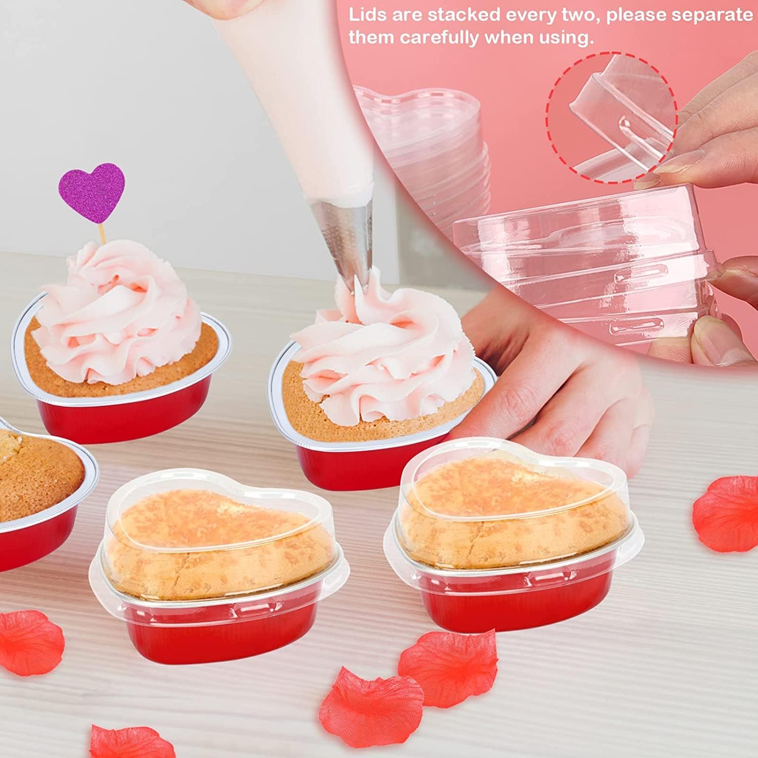 Moldes para pasteles en forma de corazón, paquete de 60 mini tazas de aluminio rojas de 3.4 onzas para hornear con tapas, cucharas, moldes