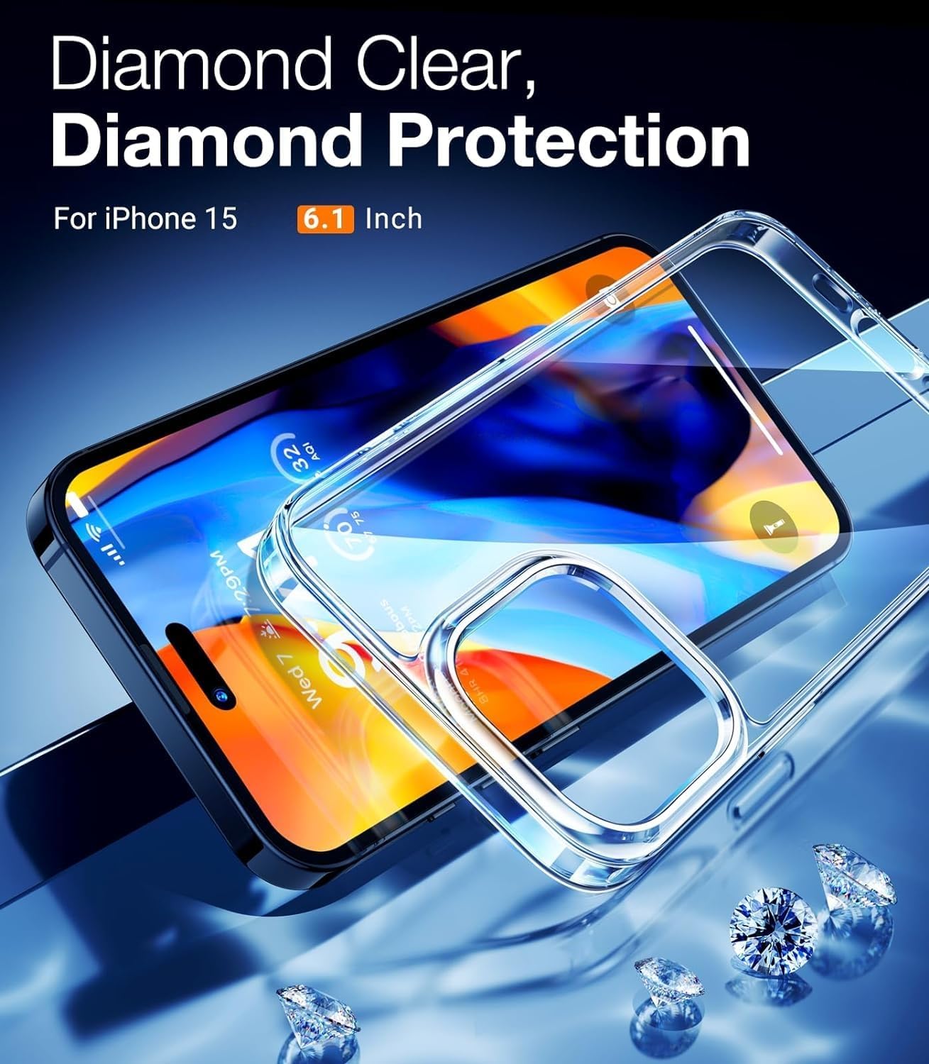 TORRAS Funda transparente con diseño de diamante para iPhone 15 nunca amarilla grado militar anticaídas parte trasera de policarbonato duro,