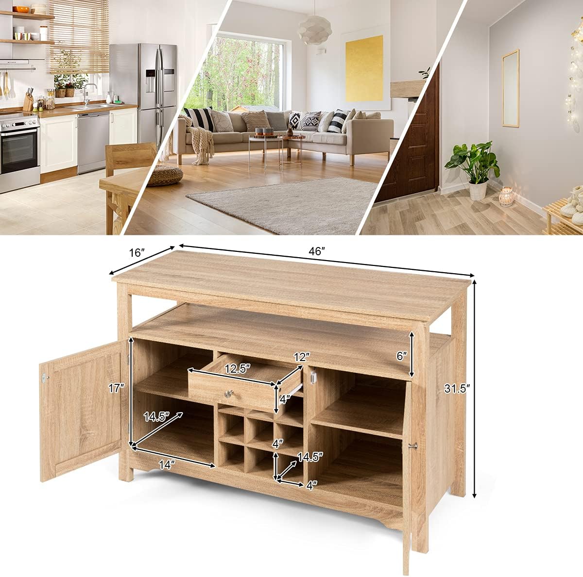 COSTWAY Armario buffet con almacenamiento, aparador de almacenamiento de cocina con 9 estantes para vino, 2 gabinetes, 1 cajón, estante abierto,