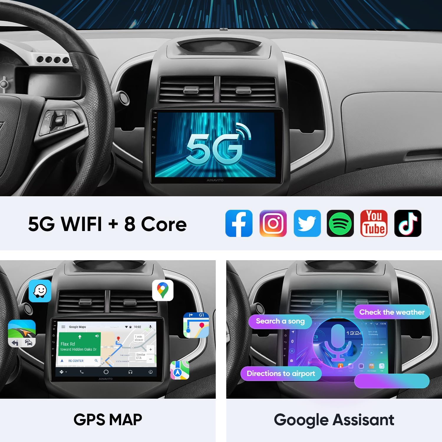 9 pulgadas 5G WiFi 8 Core 48EQ Airplay Android 12 Radio estéreo del coche para Chevy Aveo Sonic 2011 2012 2013 2014 2015 Carplay Android Auto