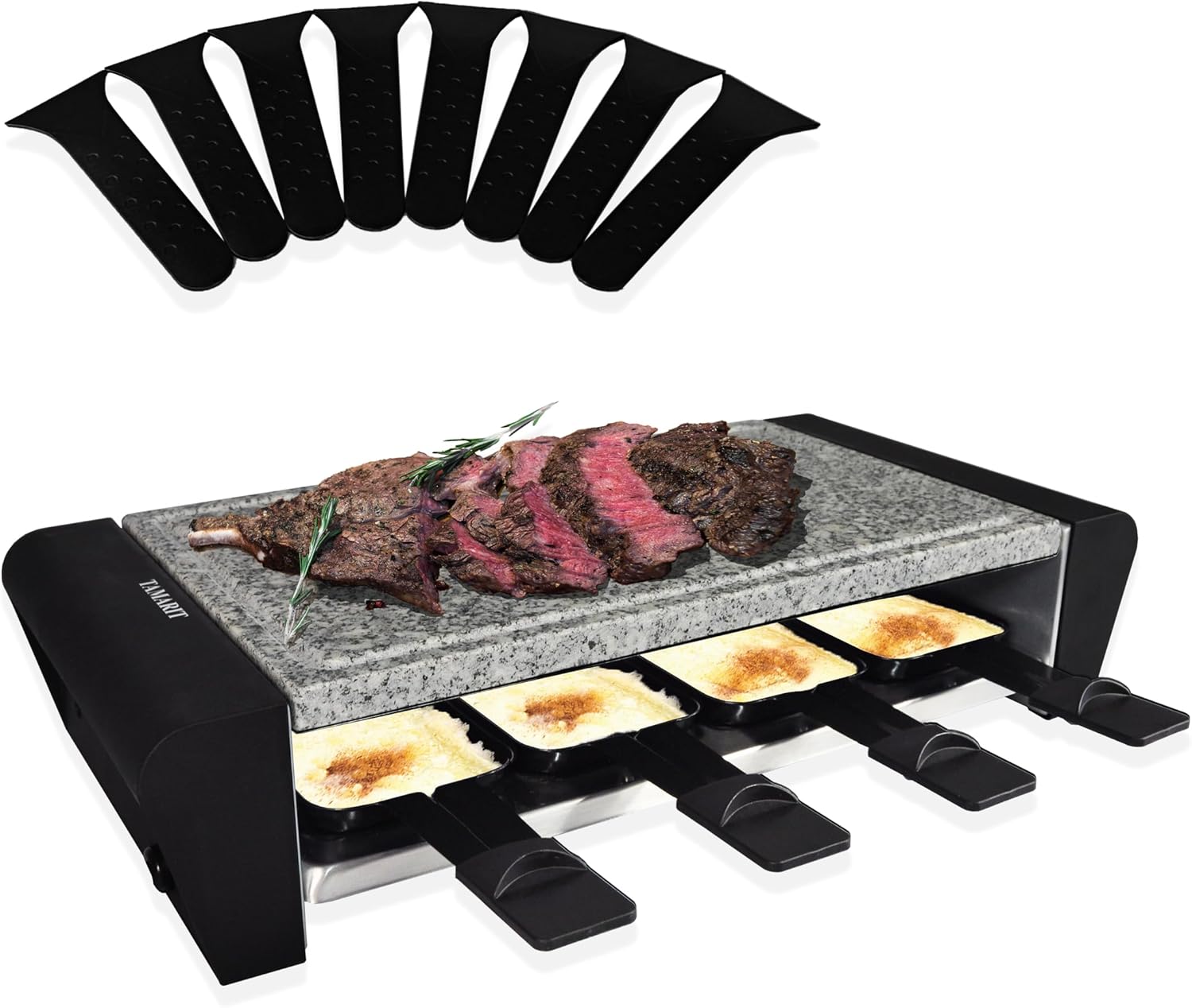 TAMARIT Raclette – Parrilla eléctrica 3 en 1 portátil, parrilla coreana para interior con 8 paletas, apta para lavavajillas, placa de aluminio