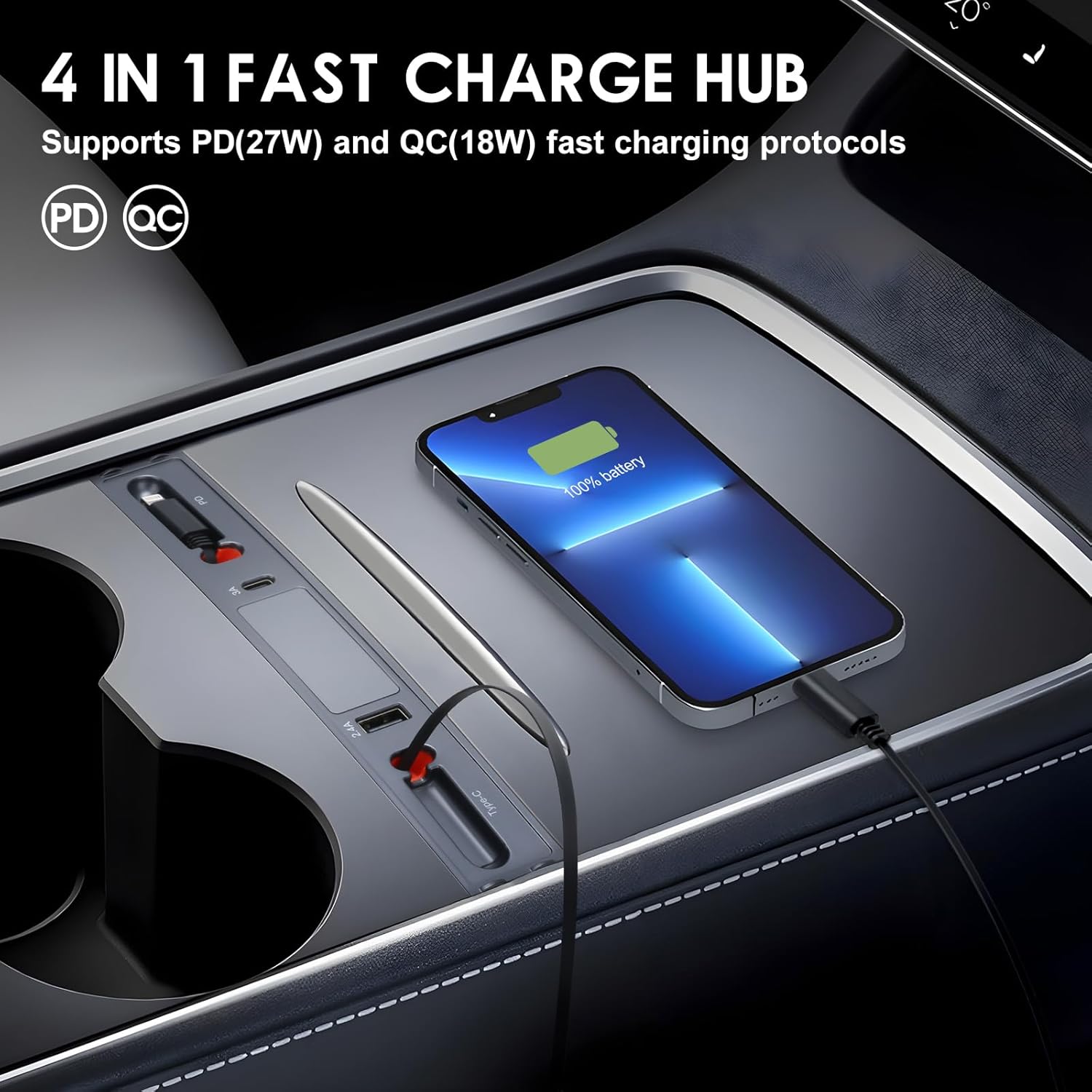 para Tesla USB Hub, estación de acoplamiento para Tesla Modelo Y Modelo 3 Accesorios 2023 2022 2021, cargador rápido con cable de carga retráctil